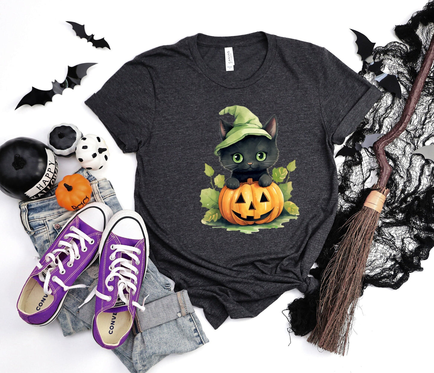 Halloween forest leaf Black Cat Shirt, Cat Wants To Play Shirt, Cute Black Cat with Pumpkins shirt, Halloween Witches forest Black Cat Shirt