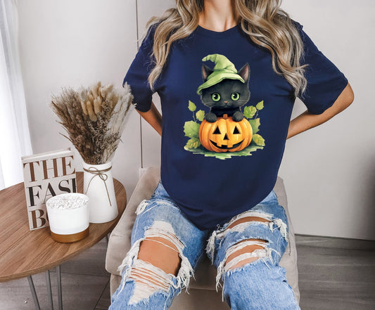 Halloween forest leaf Black Cat Shirt, Cat Wants To Play Shirt, Cute Black Cat with Pumpkins shirt, Halloween Witches forest Black Cat Shirt