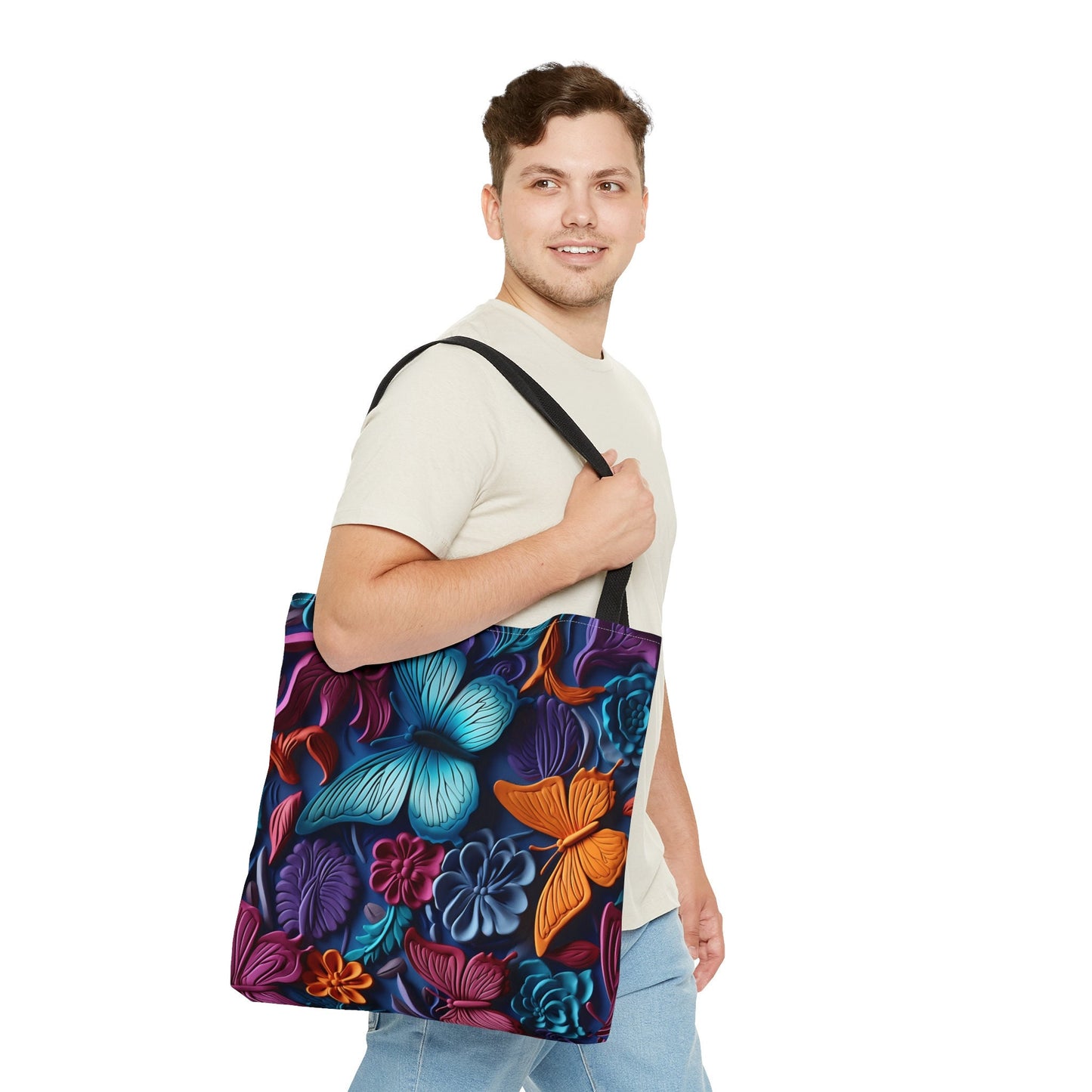 Colorful Tote Bag with Beautiful Butterflies and Flowers, Gorgeous Tote bag with colorful Butterflies and Flowers design, Cute Tote Bag