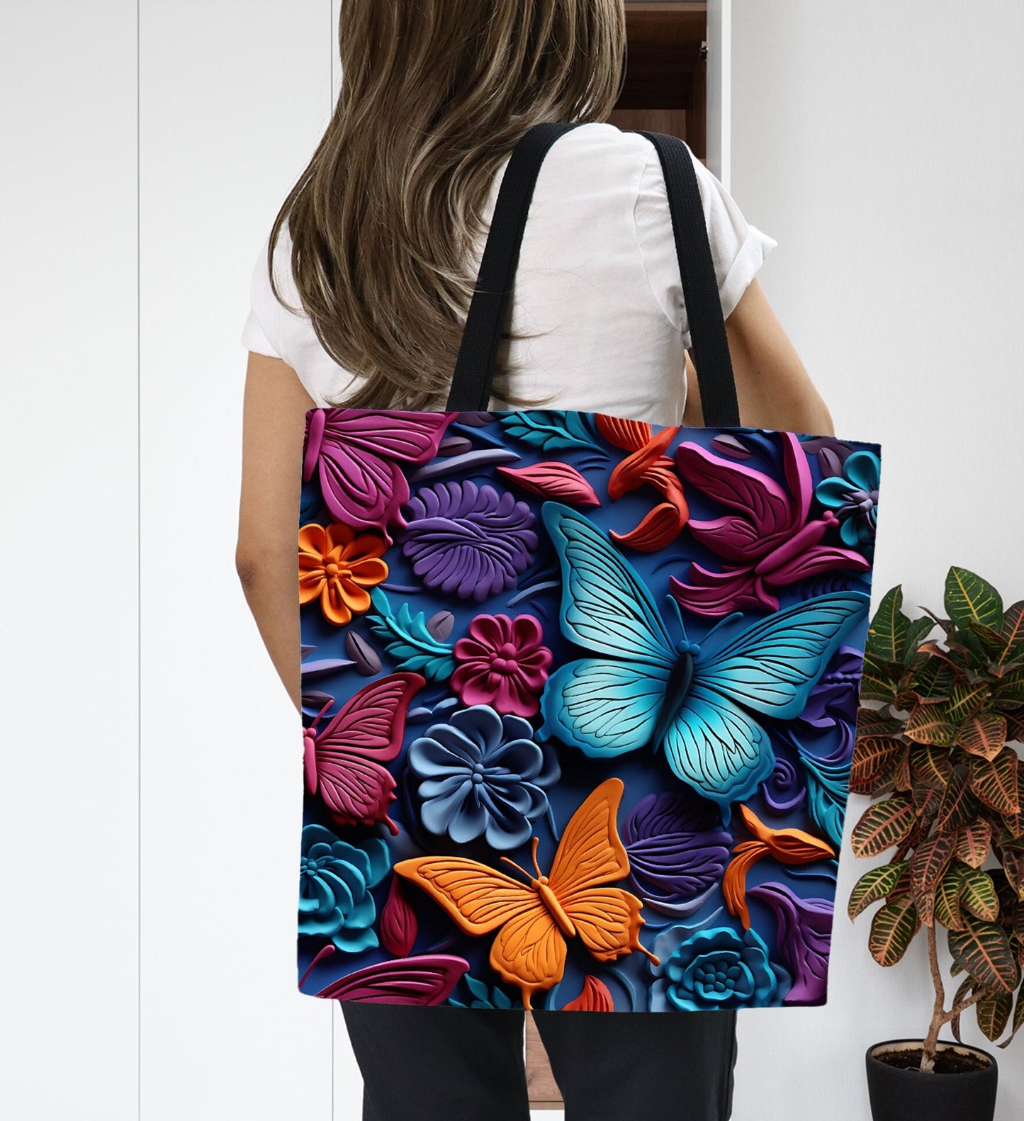 Colorful Tote Bag with Beautiful Butterflies and Flowers, Gorgeous Tote bag with colorful Butterflies and Flowers design, Cute Tote Bag