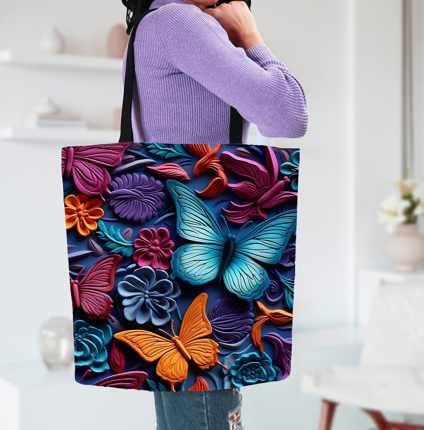 Colorful Tote Bag with Beautiful Butterflies and Flowers, Gorgeous Tote bag with colorful Butterflies and Flowers design, Cute Tote Bag