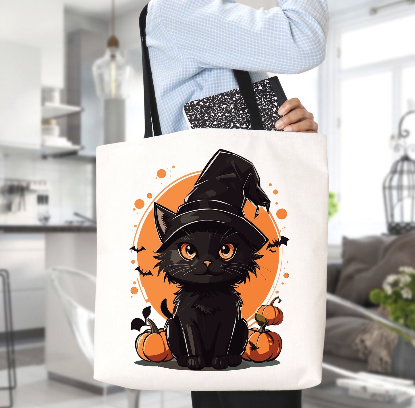 Adorable Tote bag with cute Cat, Cat Tote bag for any Occassion, Cute Cat Tote bag perfect for Halloween,  Mens, Womens, Kids Tote bag