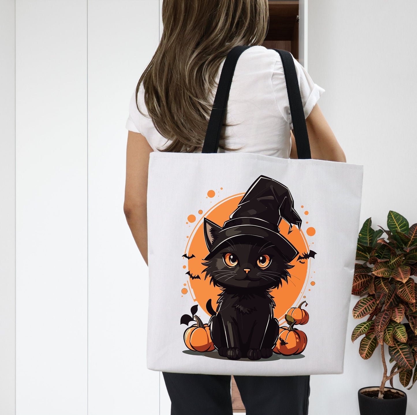Adorable Tote bag with cute Cat, Cat Tote bag for any Occassion, Cute Cat Tote bag perfect for Halloween,  Mens, Womens, Kids Tote bag