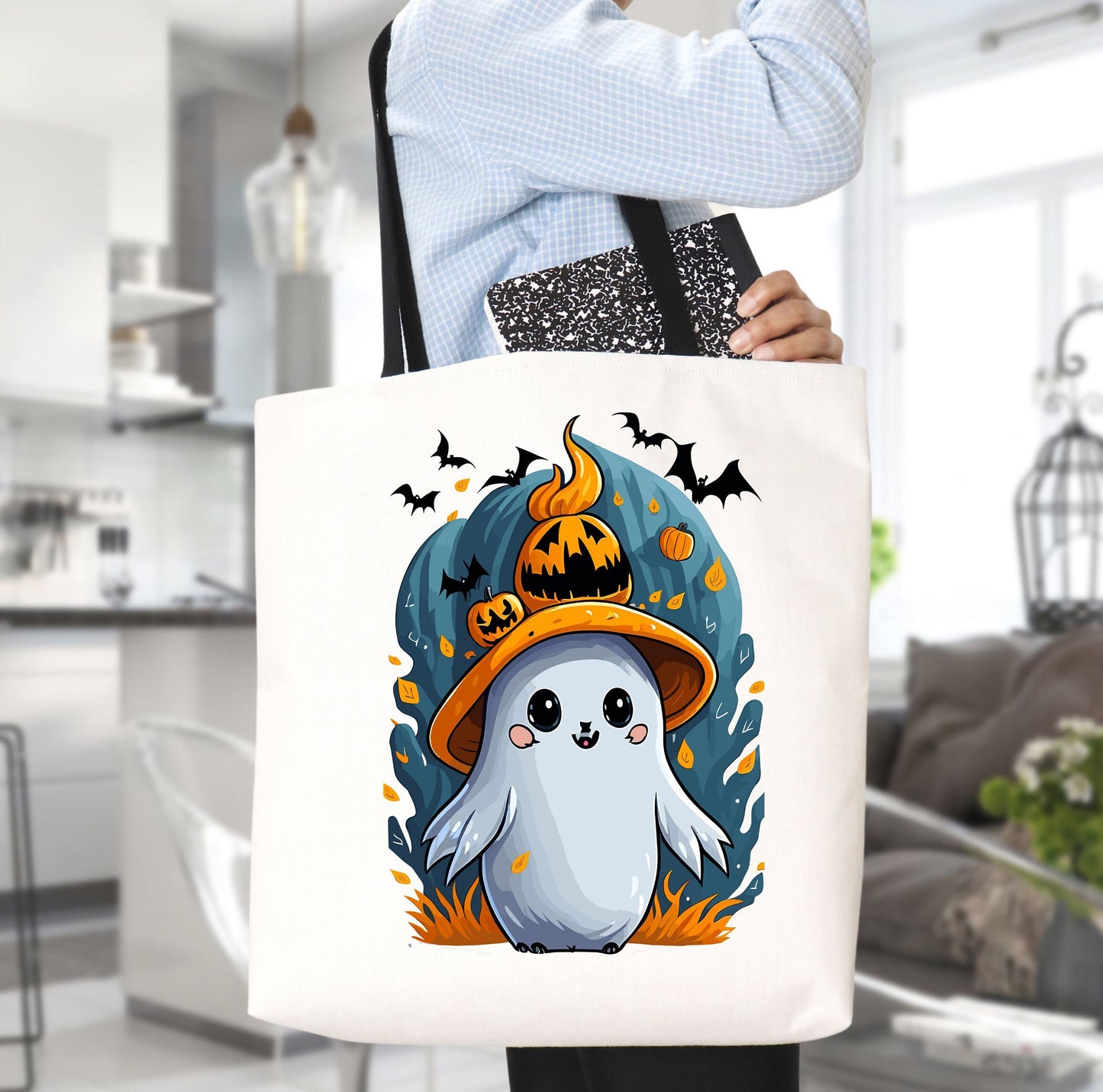 Adorable Tote bag with cute Ghost, Ghost Tote bag for any Occassion, Cute Ghost Tote bag perfect for Halloween,  Mens, Womens, Kids Tote bag