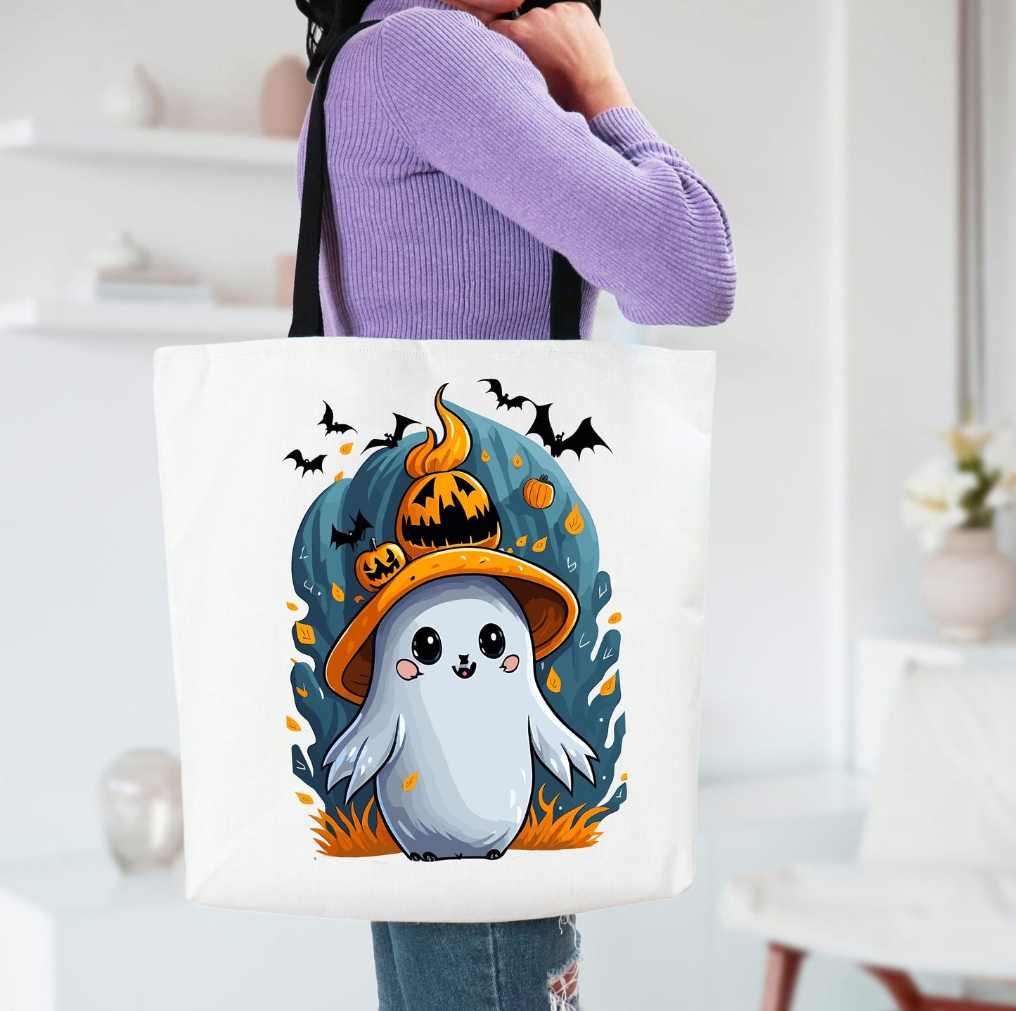 Adorable Tote bag with cute Ghost, Ghost Tote bag for any Occassion, Cute Ghost Tote bag perfect for Halloween,  Mens, Womens, Kids Tote bag