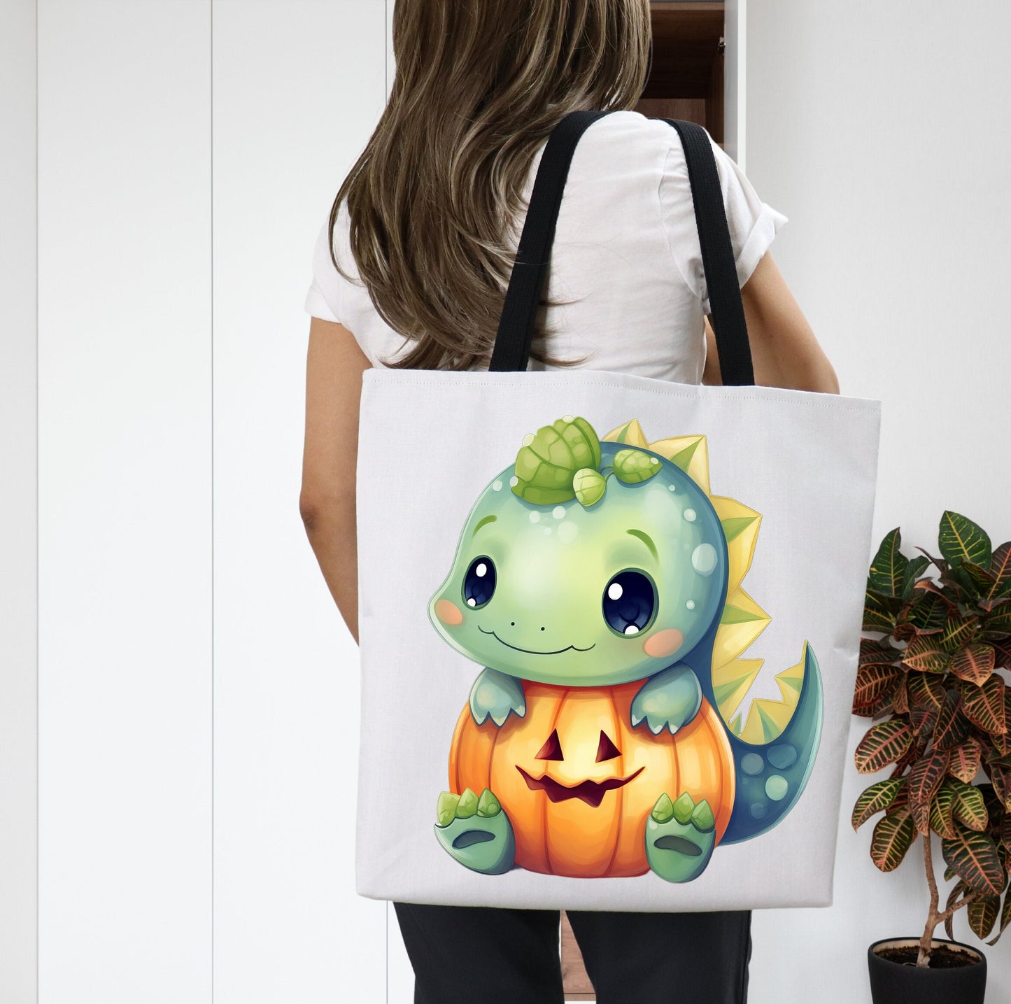 Adorable Tote bag with cute Dinosaur, Dinosaur Tote bag for any Occassion, Cute Dinosaur Tote for Halloween,  Mens, Womens, Kids Tote bag