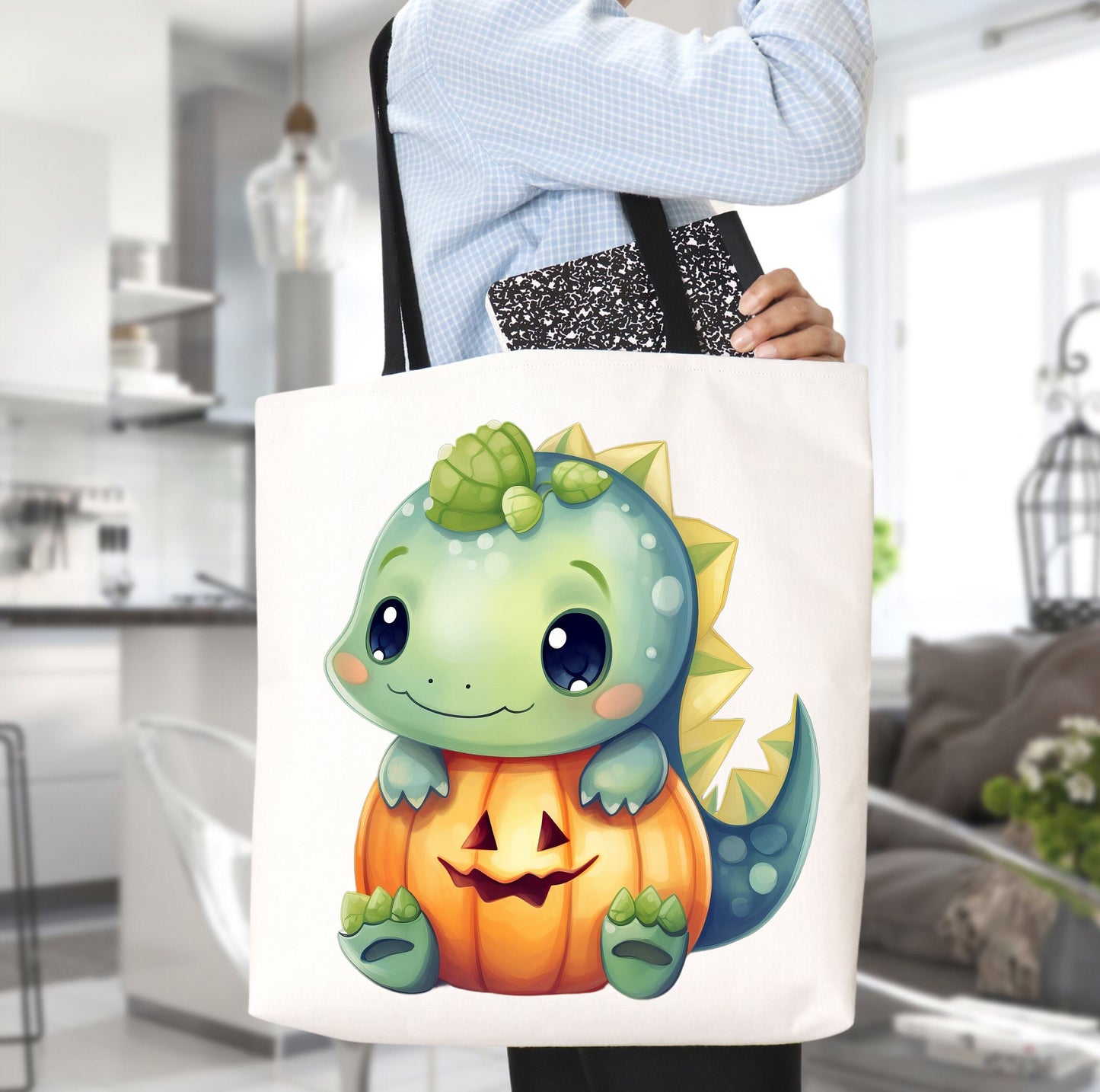 Adorable Tote bag with cute Dinosaur, Dinosaur Tote bag for any Occassion, Cute Dinosaur Tote for Halloween,  Mens, Womens, Kids Tote bag
