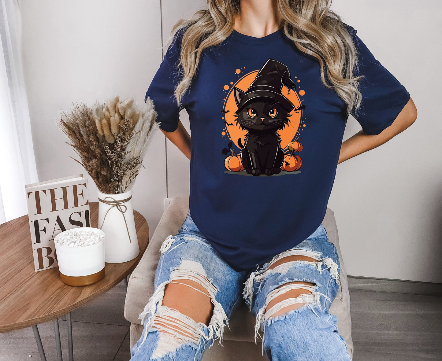 Halloween Black Cat Shirt, Cat Wants To Play Shirt, Cute Black Cat with Pumpkins And Bats shirt, Halloween Unlucky Cat With Witch Hat Shirt