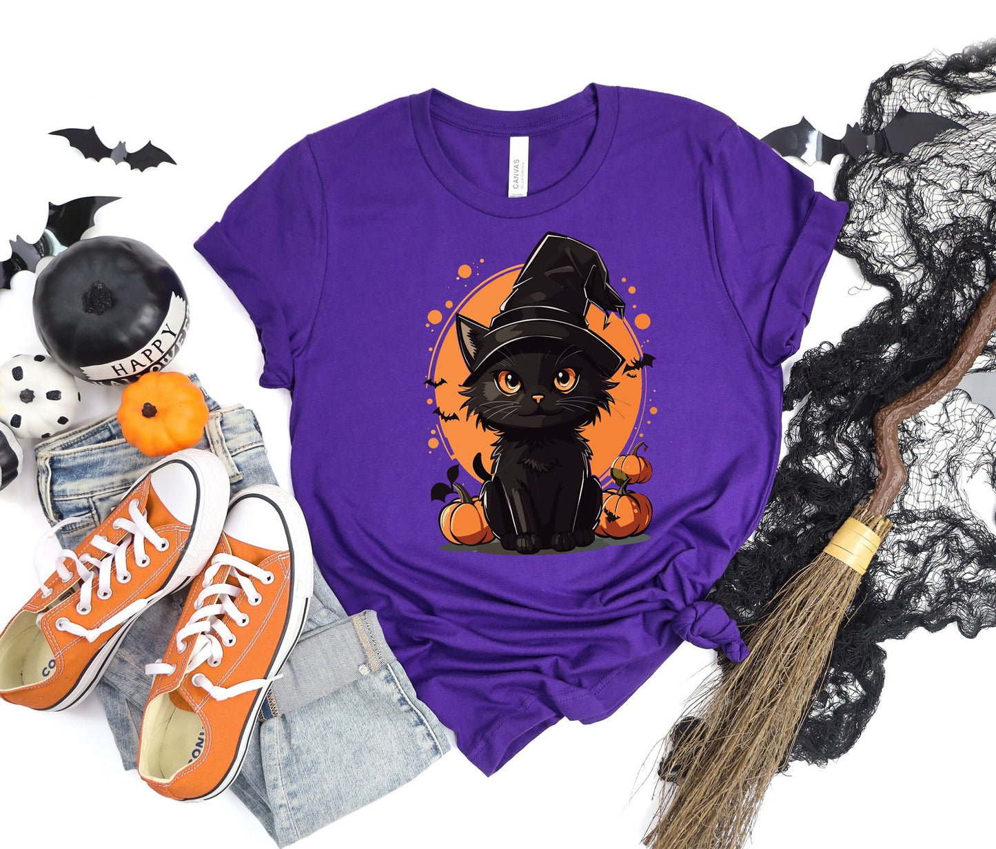 Halloween Black Cat Shirt, Cat Wants To Play Shirt, Cute Black Cat with Pumpkins And Bats shirt, Halloween Unlucky Cat With Witch Hat Shirt