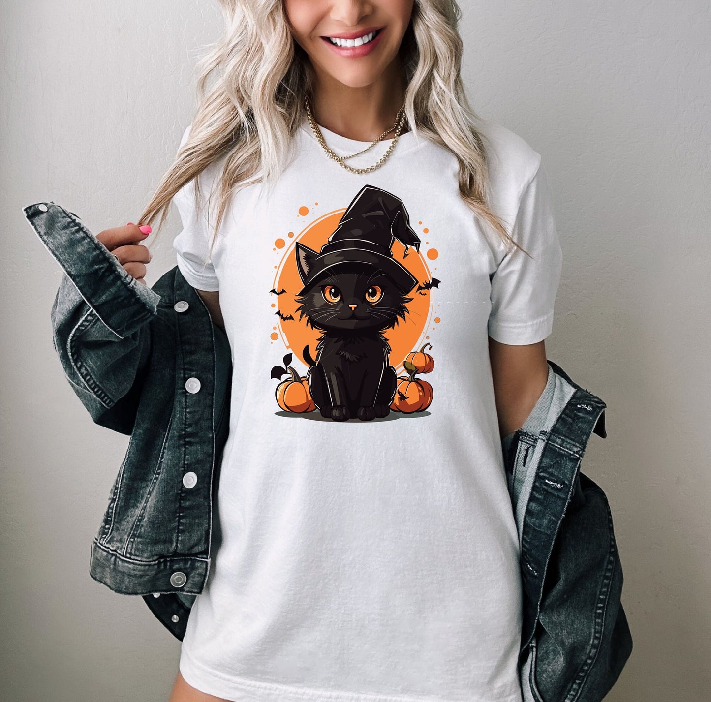 Halloween Black Cat Shirt, Cat Wants To Play Shirt, Cute Black Cat with Pumpkins And Bats shirt, Halloween Unlucky Cat With Witch Hat Shirt