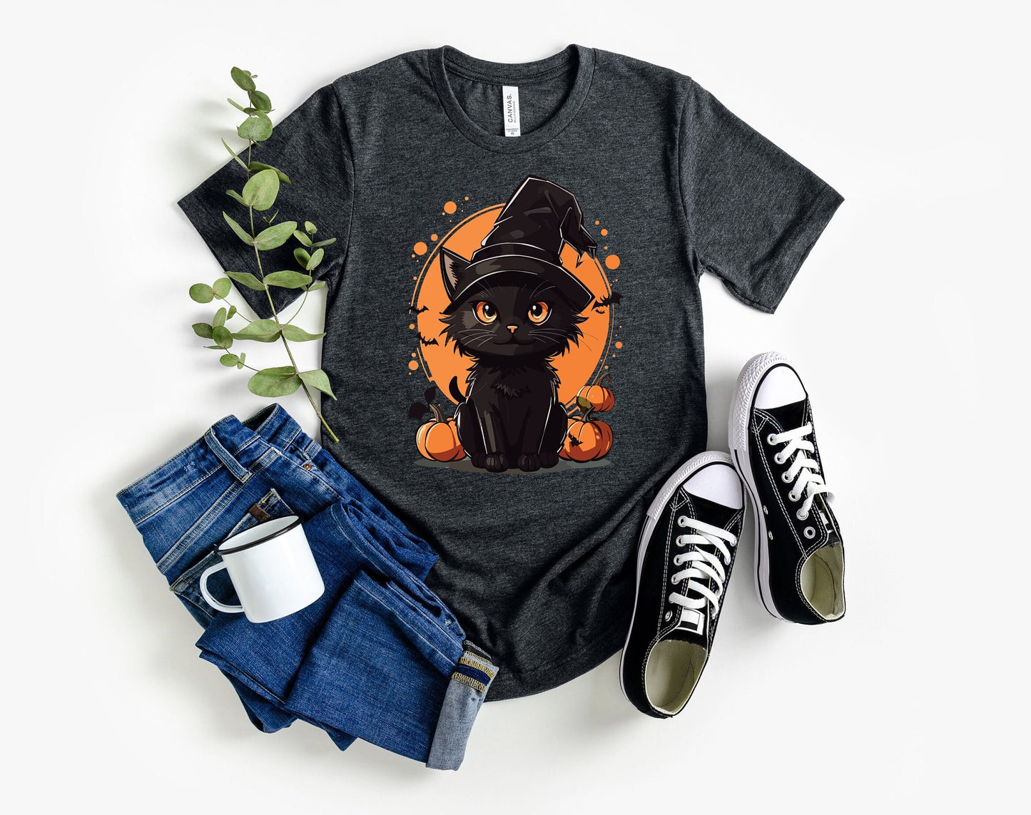 Halloween Black Cat Shirt, Cat Wants To Play Shirt, Cute Black Cat with Pumpkins And Bats shirt, Halloween Unlucky Cat With Witch Hat Shirt