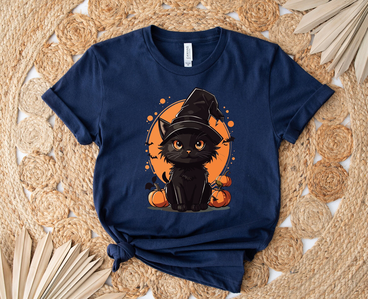 Halloween Black Cat Shirt, Cat Wants To Play Shirt, Cute Black Cat with Pumpkins And Bats shirt, Halloween Unlucky Cat With Witch Hat Shirt