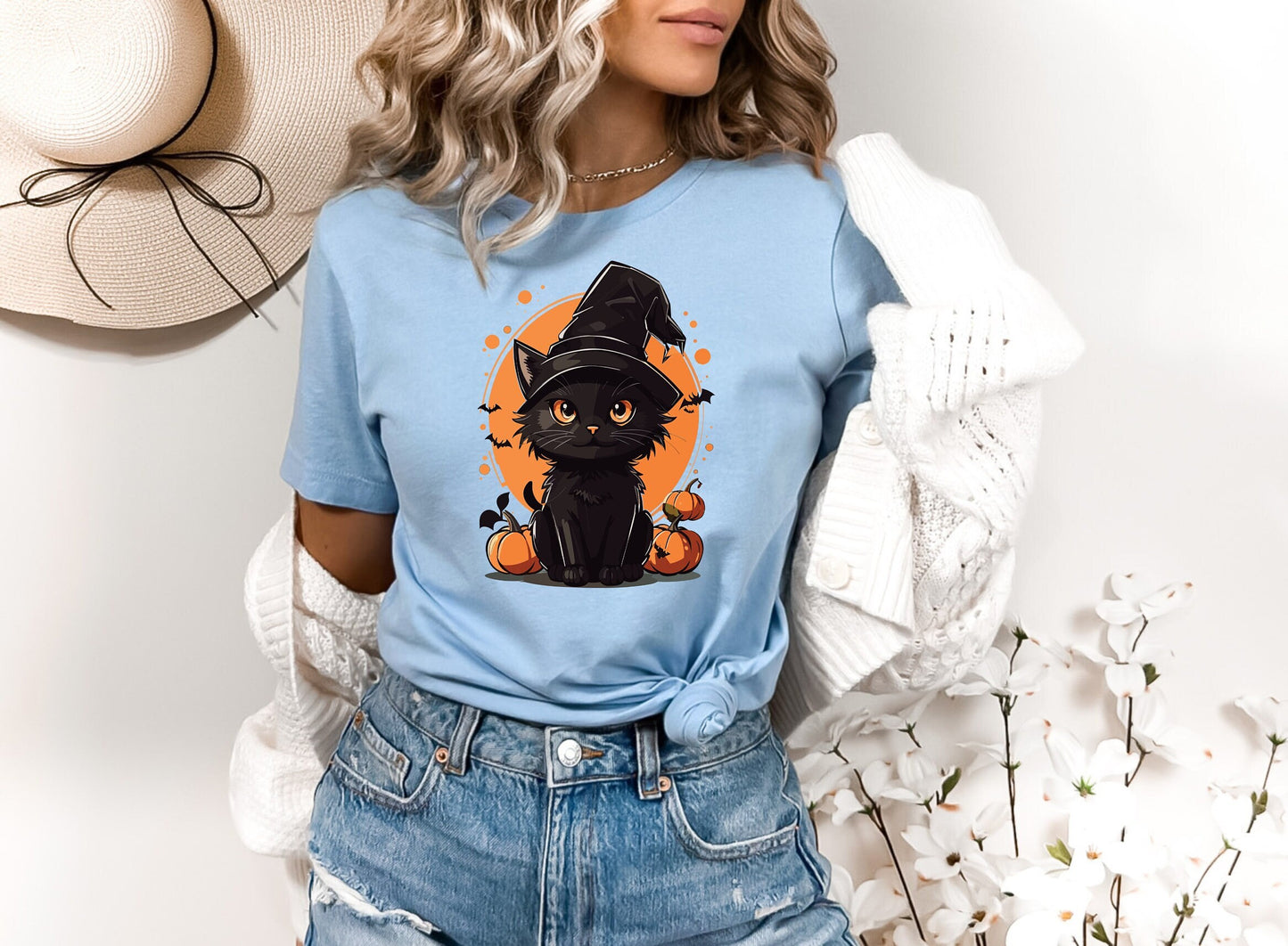 Halloween Black Cat Shirt, Cat Wants To Play Shirt, Cute Black Cat with Pumpkins And Bats shirt, Halloween Unlucky Cat With Witch Hat Shirt