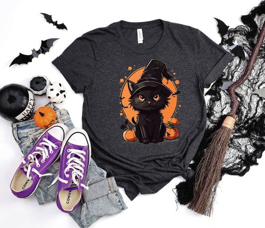 Halloween Black Cat Shirt, Cat Wants To Play Shirt, Cute Black Cat with Pumpkins And Bats shirt, Halloween Unlucky Cat With Witch Hat Shirt
