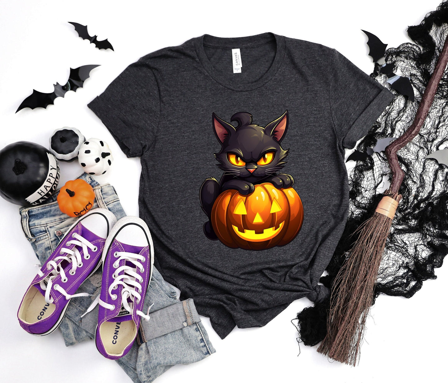 Halloween Black Cat Shirt, Cat Wants To Play Shirt, Cute Black Cat with Pumpkins shirt, Halloween Witches Unlucky Black Cat \Shirt