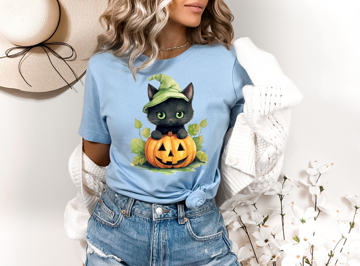Halloween forest leaf Black Cat Shirt, Cat Wants To Play Shirt, Cute Black Cat with Pumpkins shirt, Halloween Witches forest Black Cat Shirt