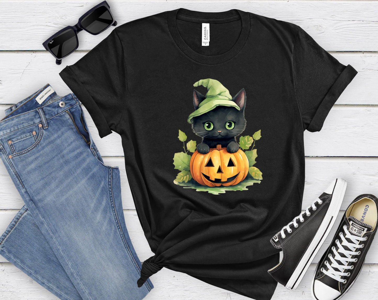 Halloween forest leaf Black Cat Shirt, Cat Wants To Play Shirt, Cute Black Cat with Pumpkins shirt, Halloween Witches forest Black Cat Shirt