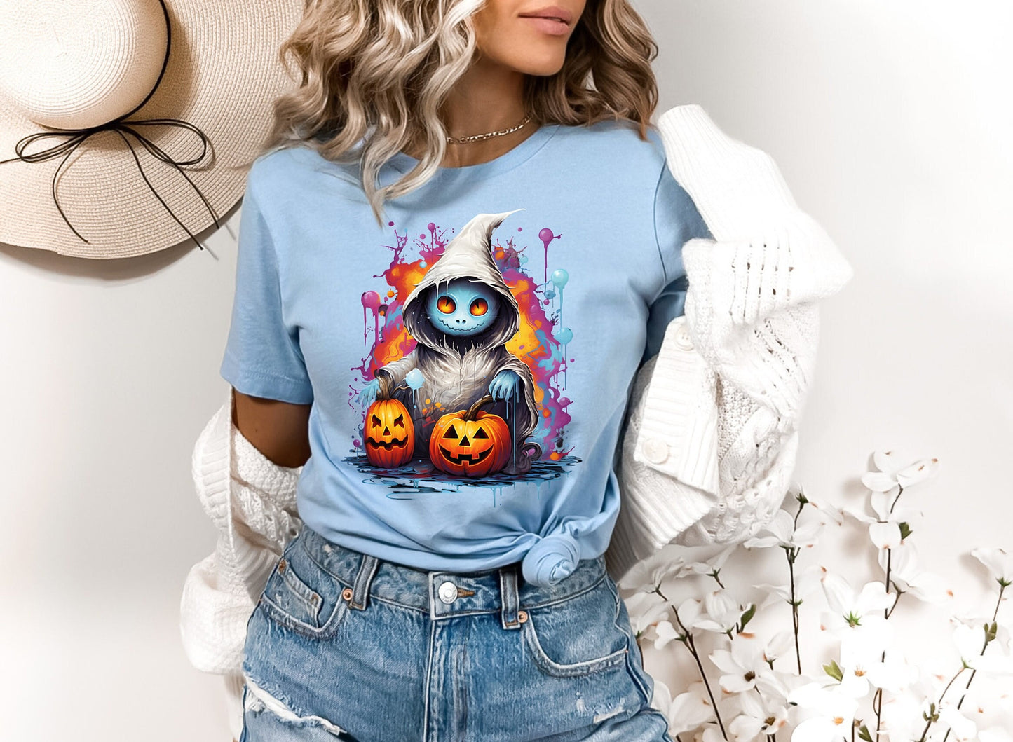 Halloween Hooded Ghost Pumpkin Shirt, Ghost Wants To Play Shirt, Creepy Ghost shirt, Halloween Colorful Splash Ghost Shirt, Creeper Ghost