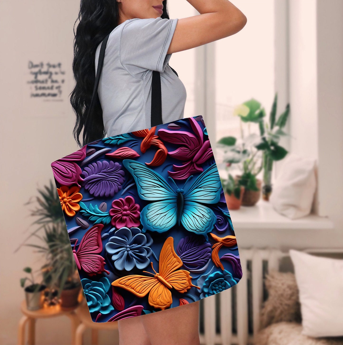 Colorful Tote Bag with Beautiful Butterflies and Flowers, Gorgeous Tote bag with colorful Butterflies and Flowers design, Cute Tote Bag