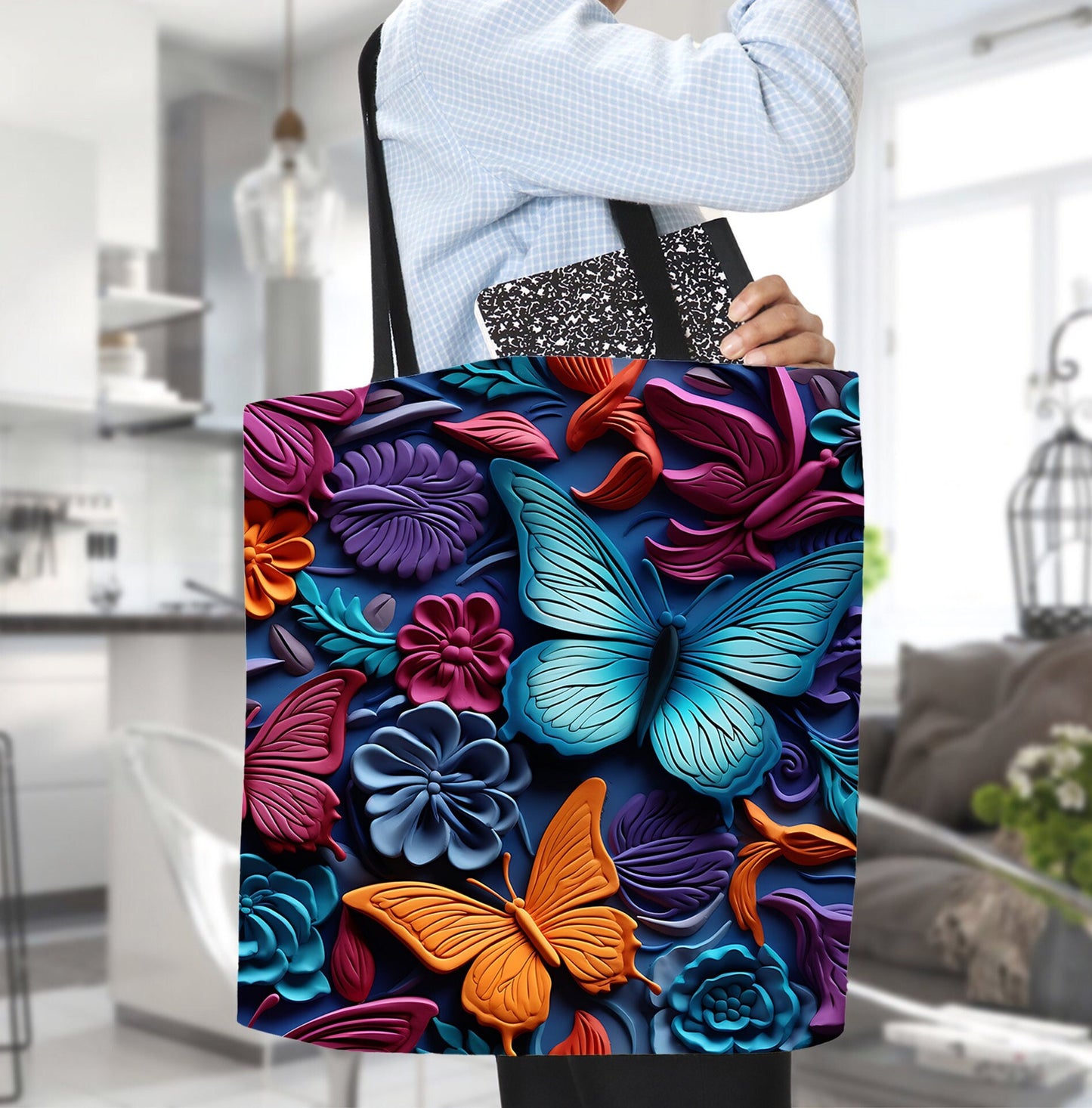 Colorful Tote Bag with Beautiful Butterflies and Flowers, Gorgeous Tote bag with colorful Butterflies and Flowers design, Cute Tote Bag