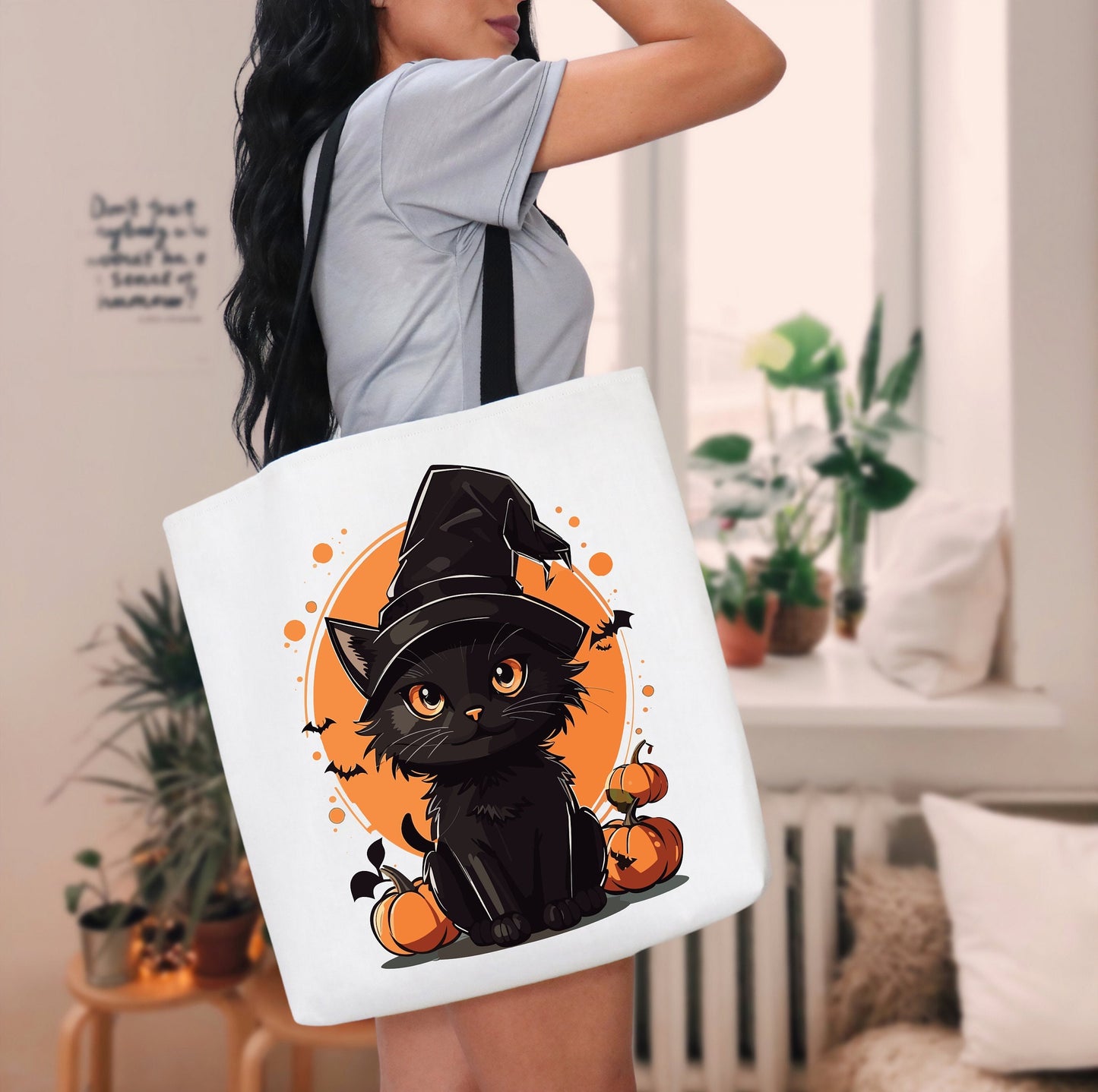 Adorable Tote bag with cute Cat, Cat Tote bag for any Occassion, Cute Cat Tote bag perfect for Halloween,  Mens, Womens, Kids Tote bag