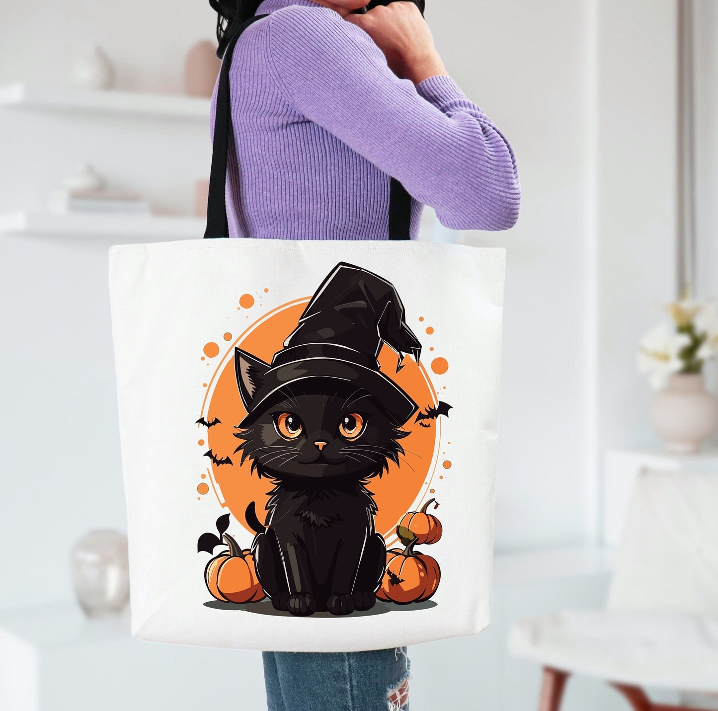 Adorable Tote bag with cute Cat, Cat Tote bag for any Occassion, Cute Cat Tote bag perfect for Halloween,  Mens, Womens, Kids Tote bag