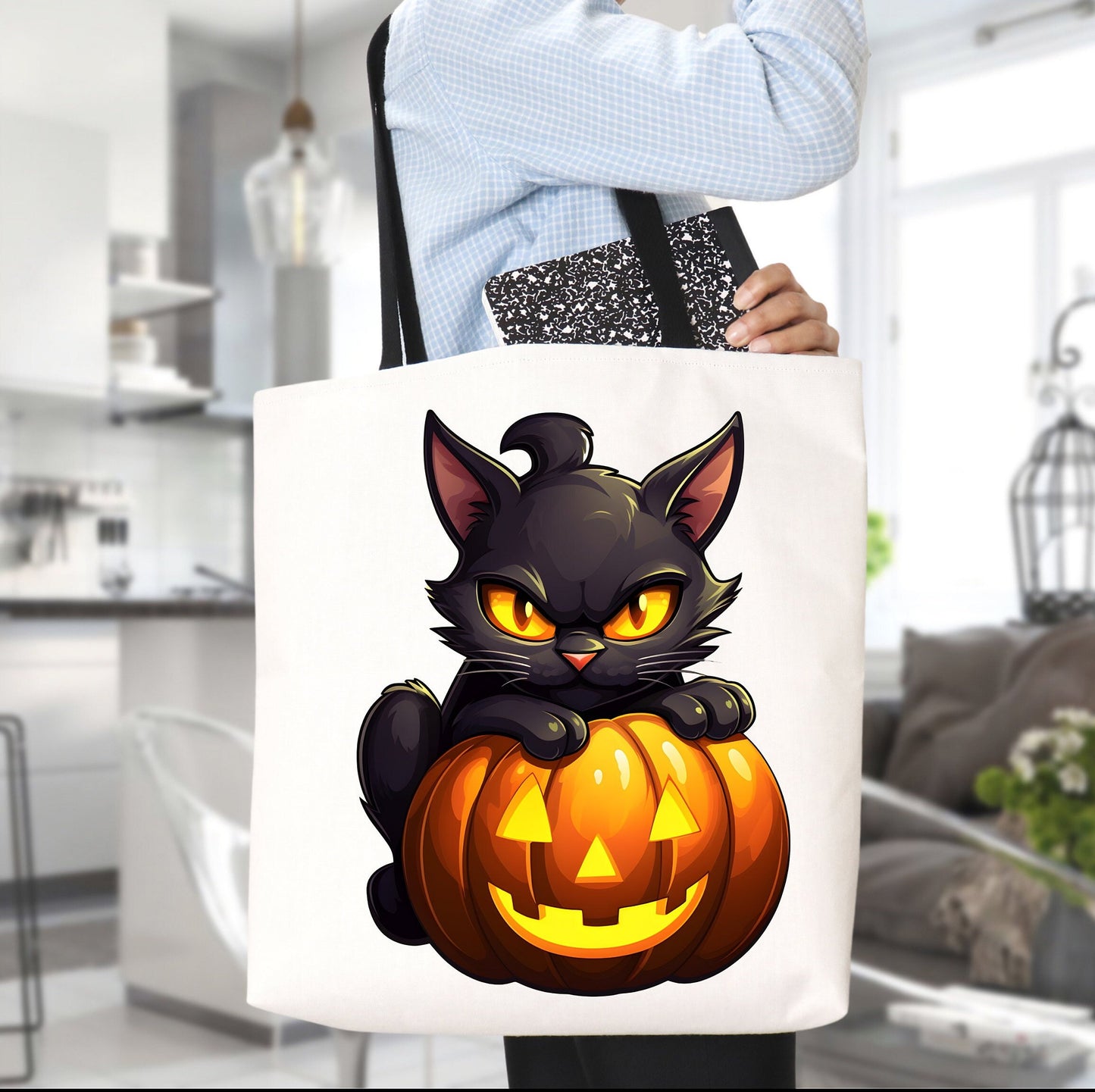 Adorable Halloween Tote bag with A Cute Black Cat and Pumpkin, Spooky Tote bag for Men women or kids to use on any Occasion,