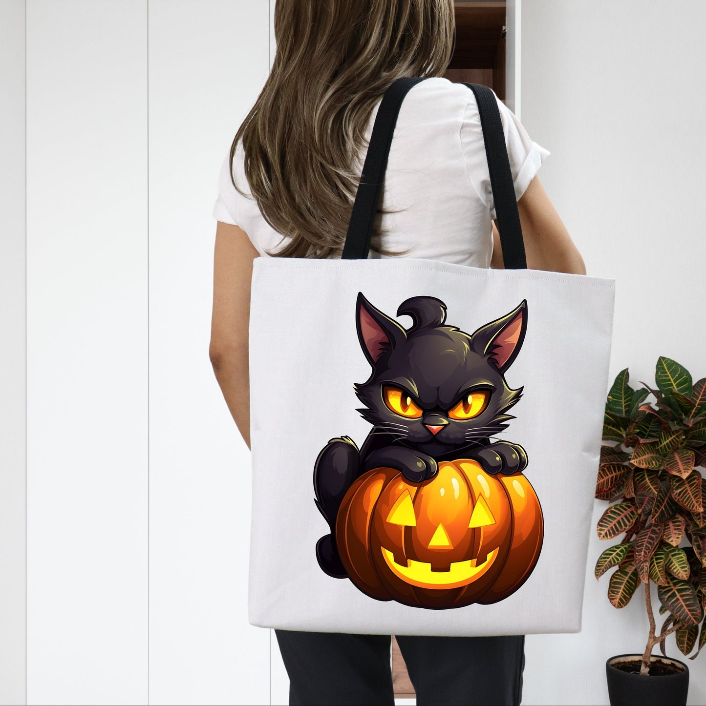 Adorable Halloween Tote bag with A Cute Black Cat and Pumpkin, Spooky Tote bag for Men women or kids to use on any Occasion,