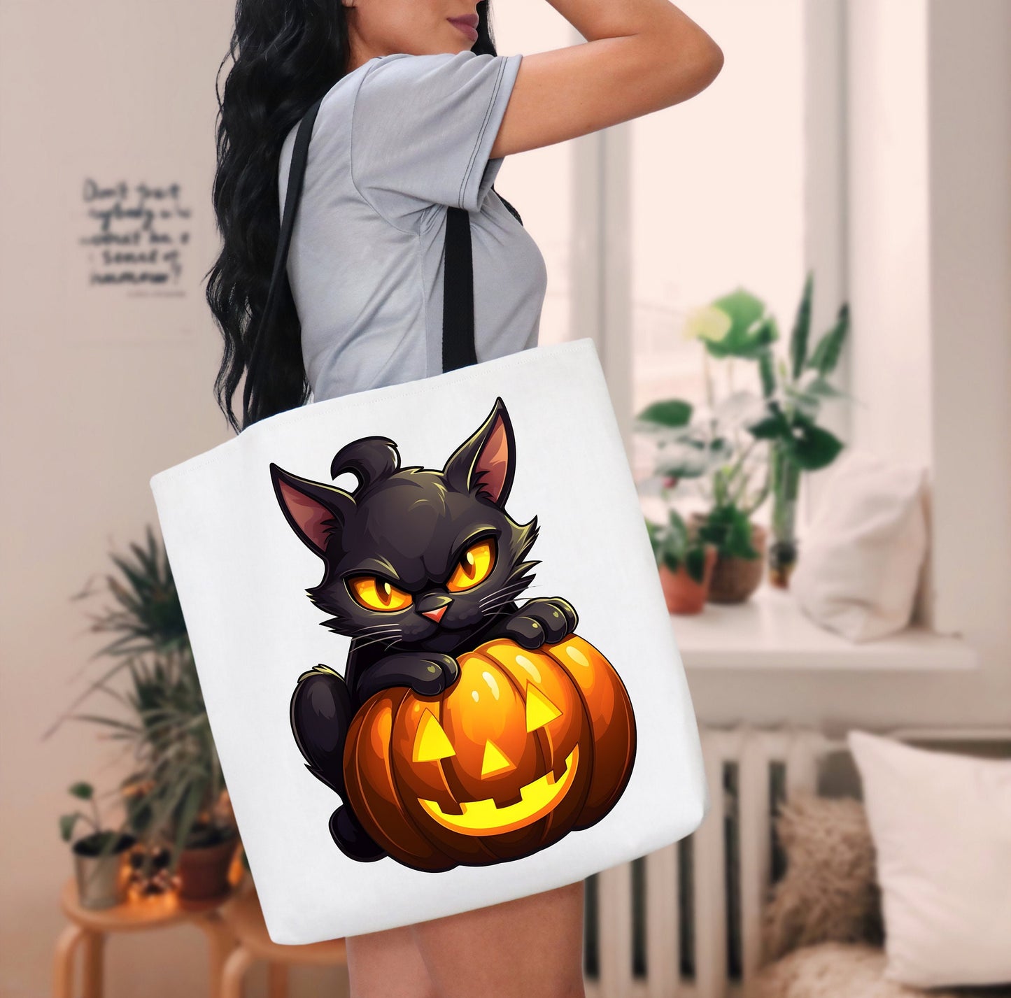 Adorable Halloween Tote bag with A Cute Black Cat and Pumpkin, Spooky Tote bag for Men women or kids to use on any Occasion,