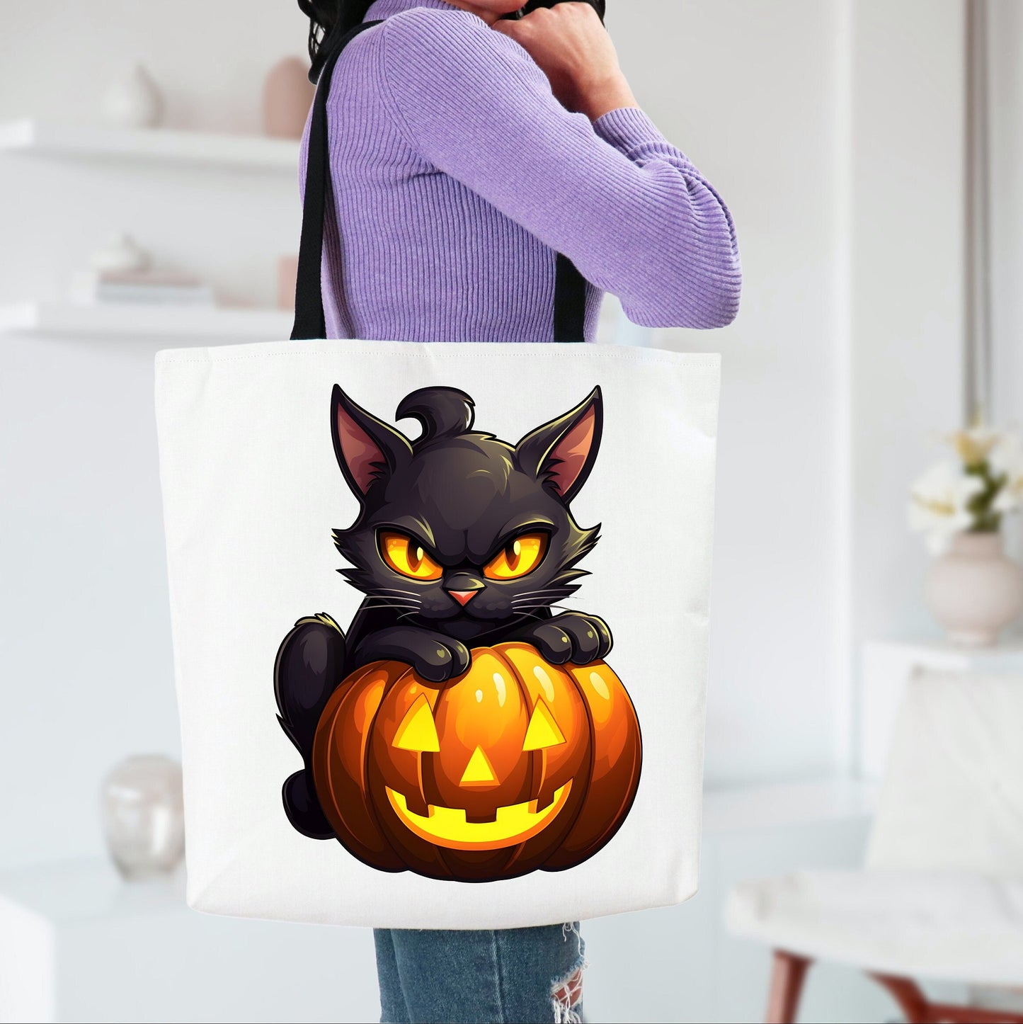 Adorable Halloween Tote bag with A Cute Black Cat and Pumpkin, Spooky Tote bag for Men women or kids to use on any Occasion,