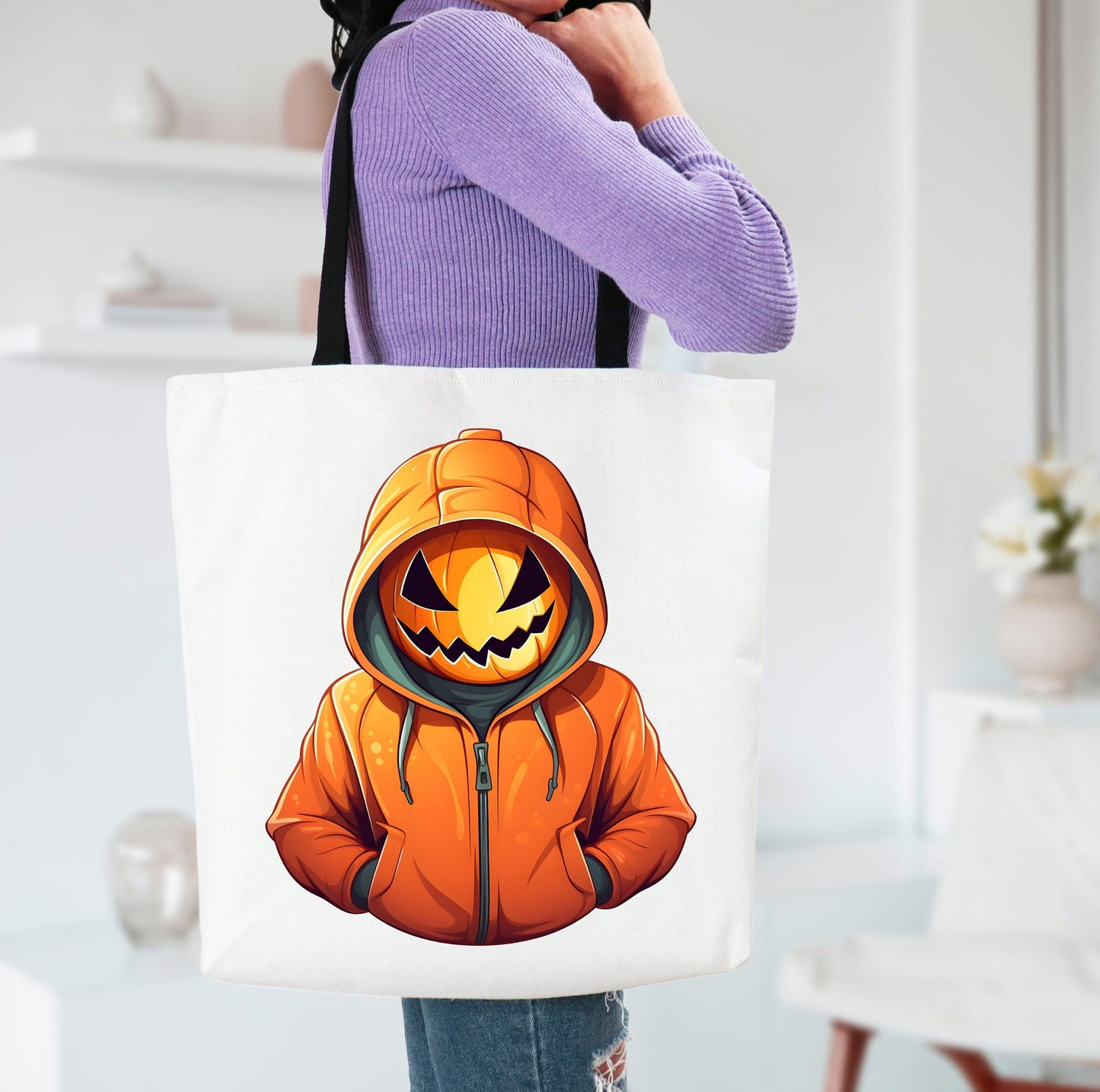 Cool Tote Bag Pumpkin with hoodie, Pumpkin Tote bag for any Occassion, Cute Pumpkin Tote bag for Halloween,  Mens, Womens, Kids Tote bag