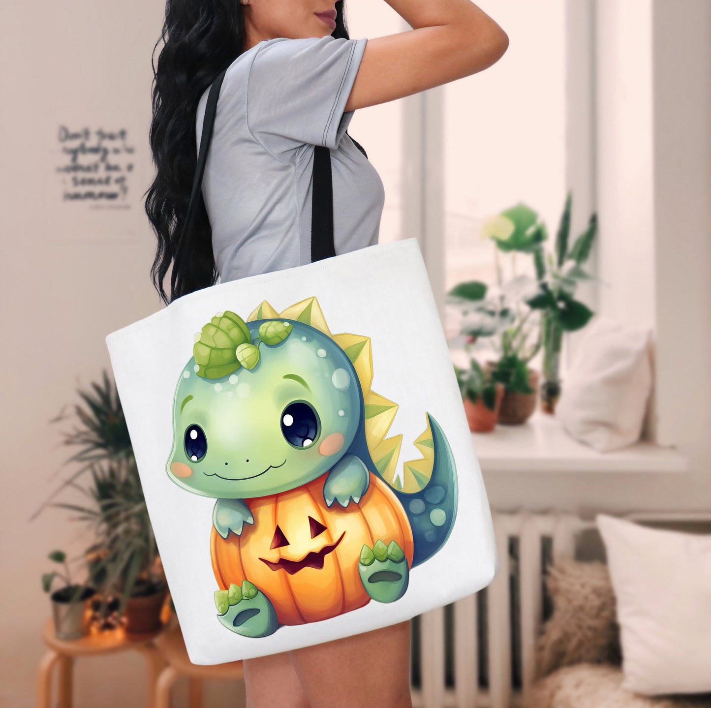 Adorable Tote bag with cute Dinosaur, Dinosaur Tote bag for any Occassion, Cute Dinosaur Tote for Halloween,  Mens, Womens, Kids Tote bag