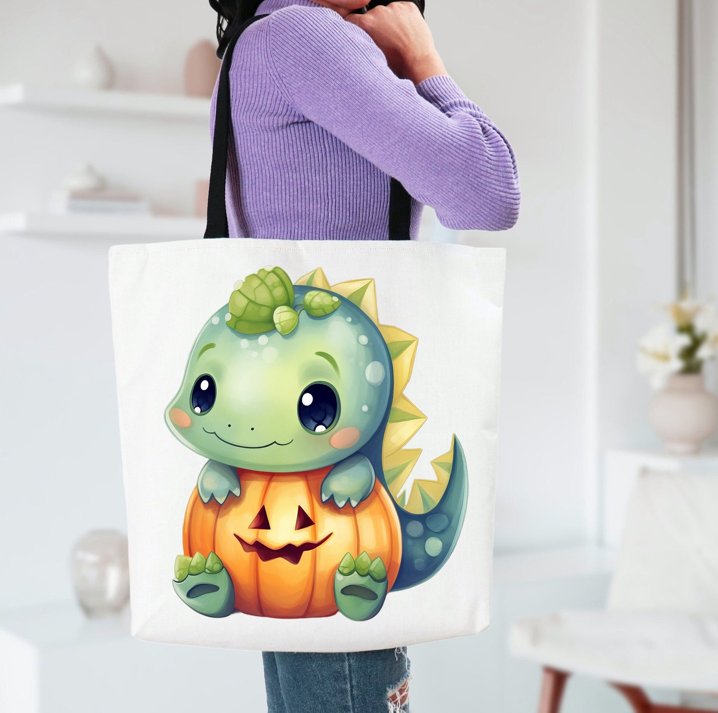 Adorable Tote bag with cute Dinosaur, Dinosaur Tote bag for any Occassion, Cute Dinosaur Tote for Halloween,  Mens, Womens, Kids Tote bag
