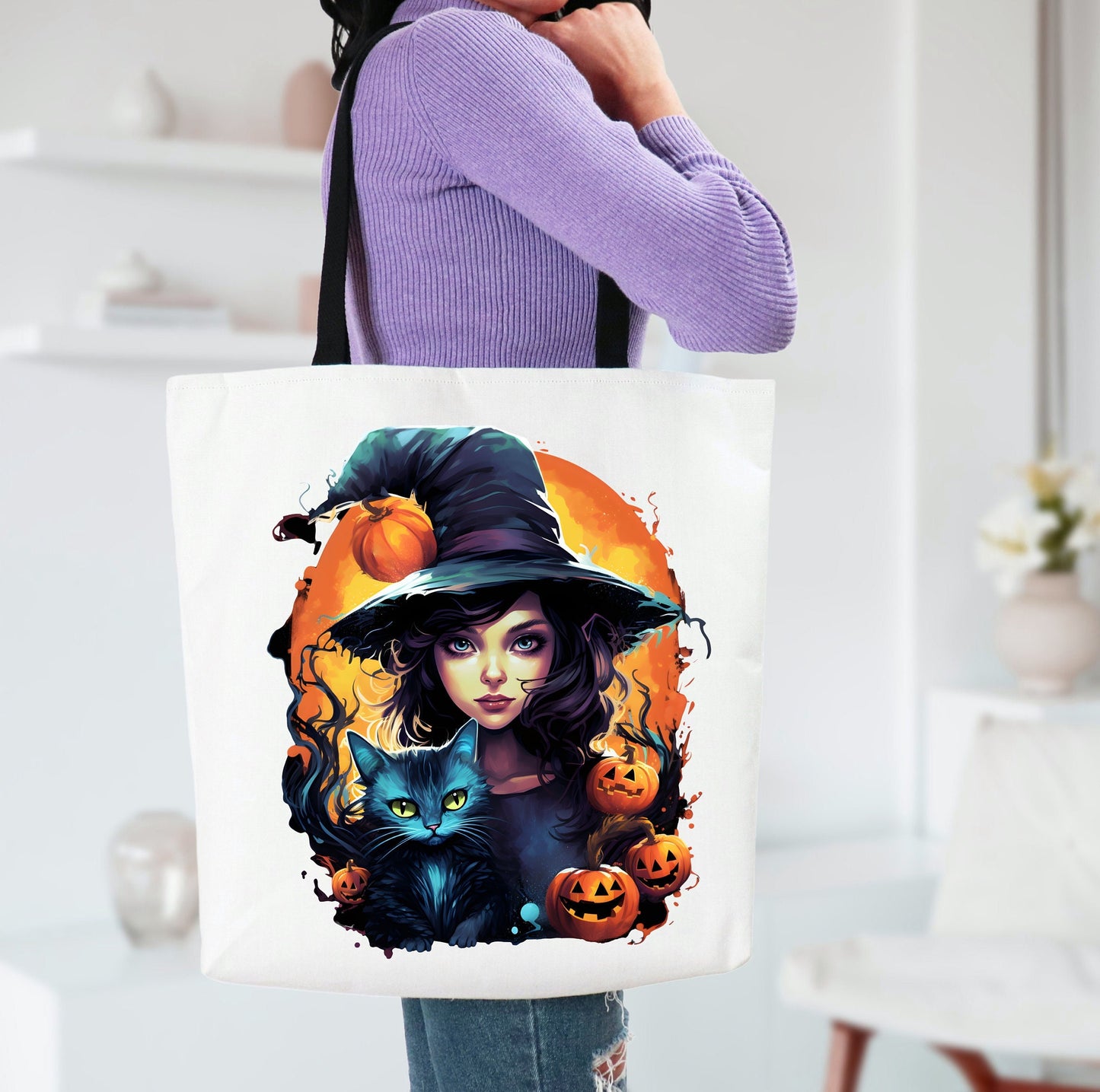 Cute Tote Bag with Beautiful Witch, Witch Tote bag for any Occassion, Cute Witch Tote bag for Halloween,  Mens, Womens, Kids Tote bag