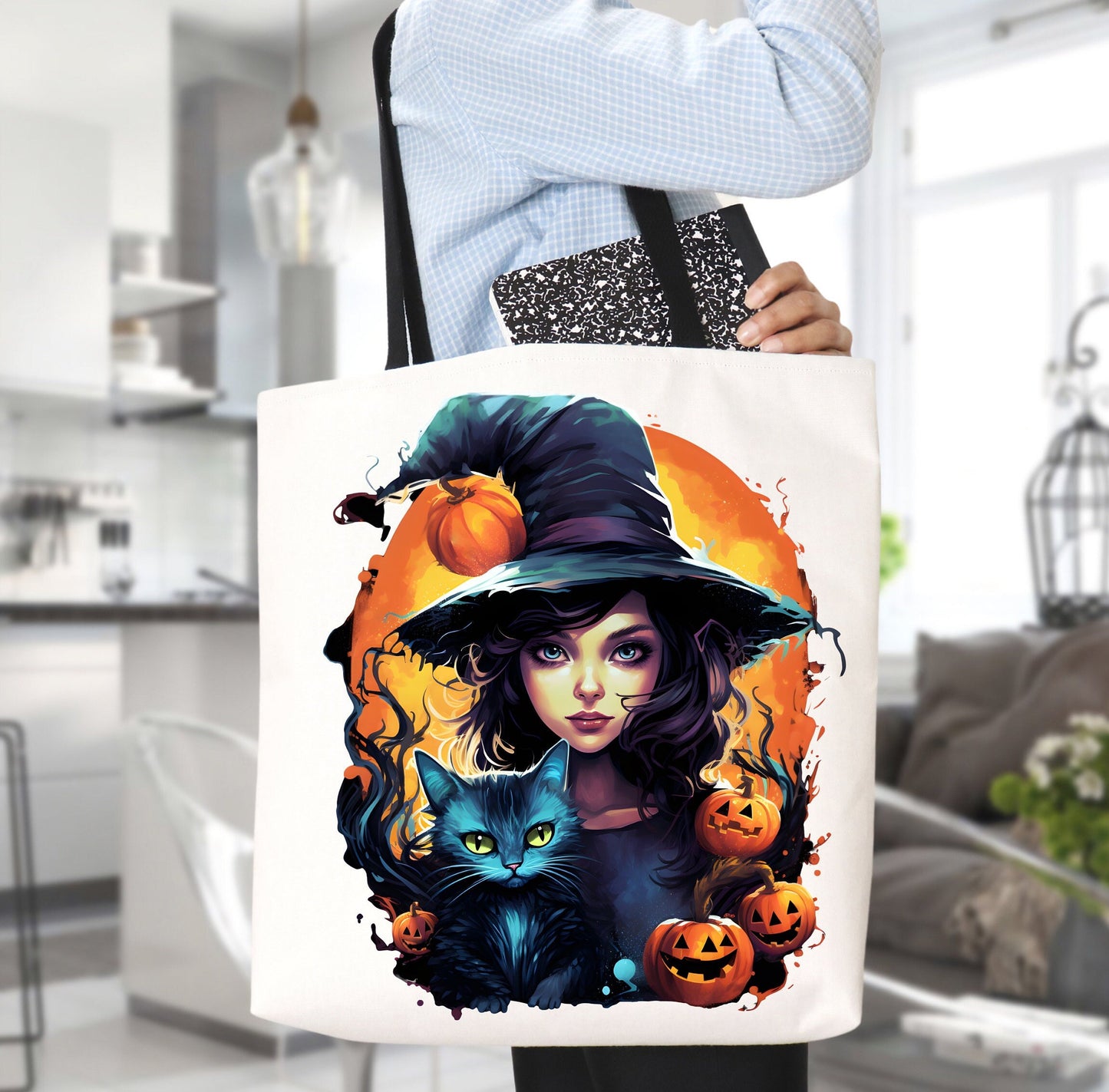 Cute Tote Bag with Beautiful Witch, Witch Tote bag for any Occassion, Cute Witch Tote bag for Halloween,  Mens, Womens, Kids Tote bag