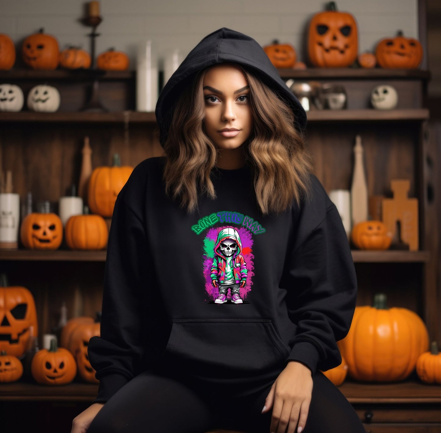 Bone This Way Skeleton Hoodie by Scorpion Tees and More.  Cute colorful Skeleton with hoodie wearing hip hop style clothing.  This Hoodie will go great with any outfit.  Beautiful design and stylish as well as very warm and comfortable.