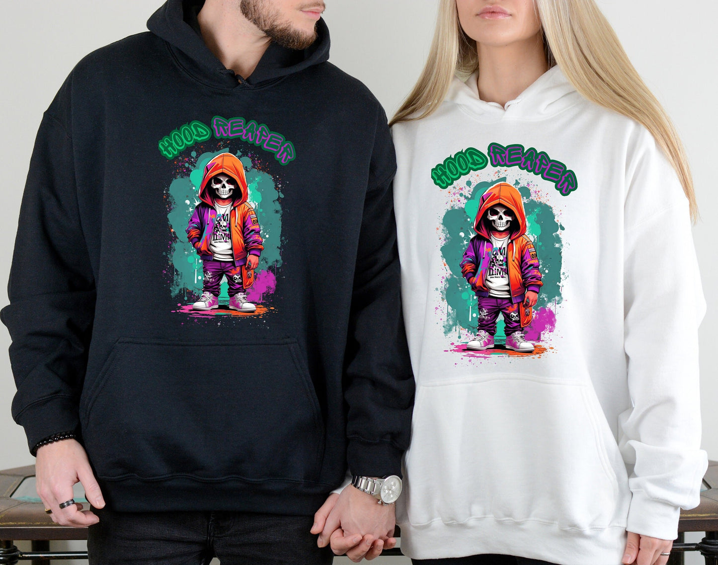 Hood Reaper Skeleton Hoodie by Scorpion Tees and More.  Cute colorful Skeleton with hoodie wearing hip hop style clothing.  This Hoodie will go great with any outfit.  Beautiful design and stylish as well as very warm and comfortable.