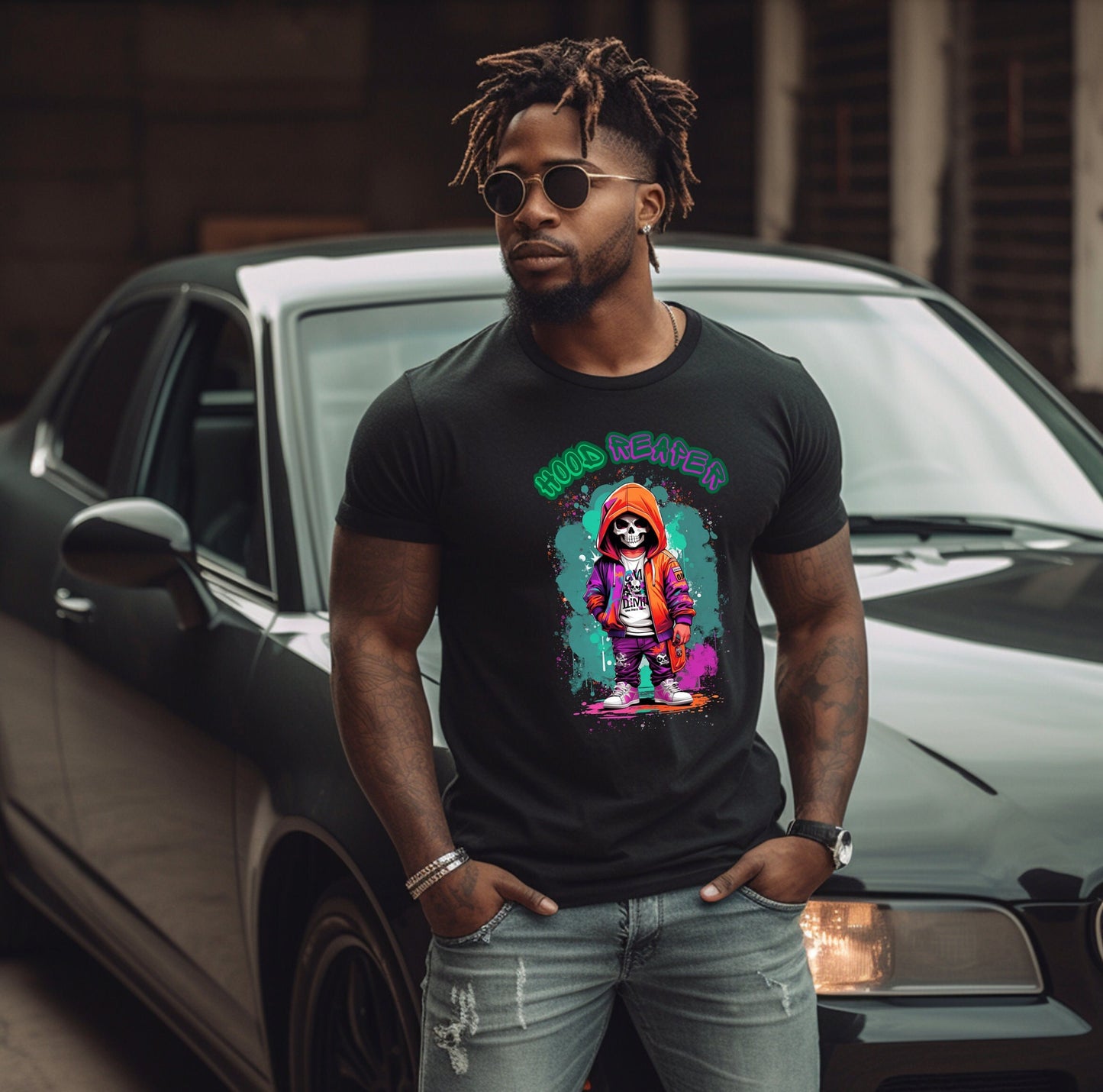Hood Reaper T shirt by Scorpion Tees and More.  Cute colorful skeleton t shirt.  Skeleton with hoodie wearing hip hop style clothing.  T shirt would go great with any outfit.  Beautiful design and stylish as well as very comfortable.