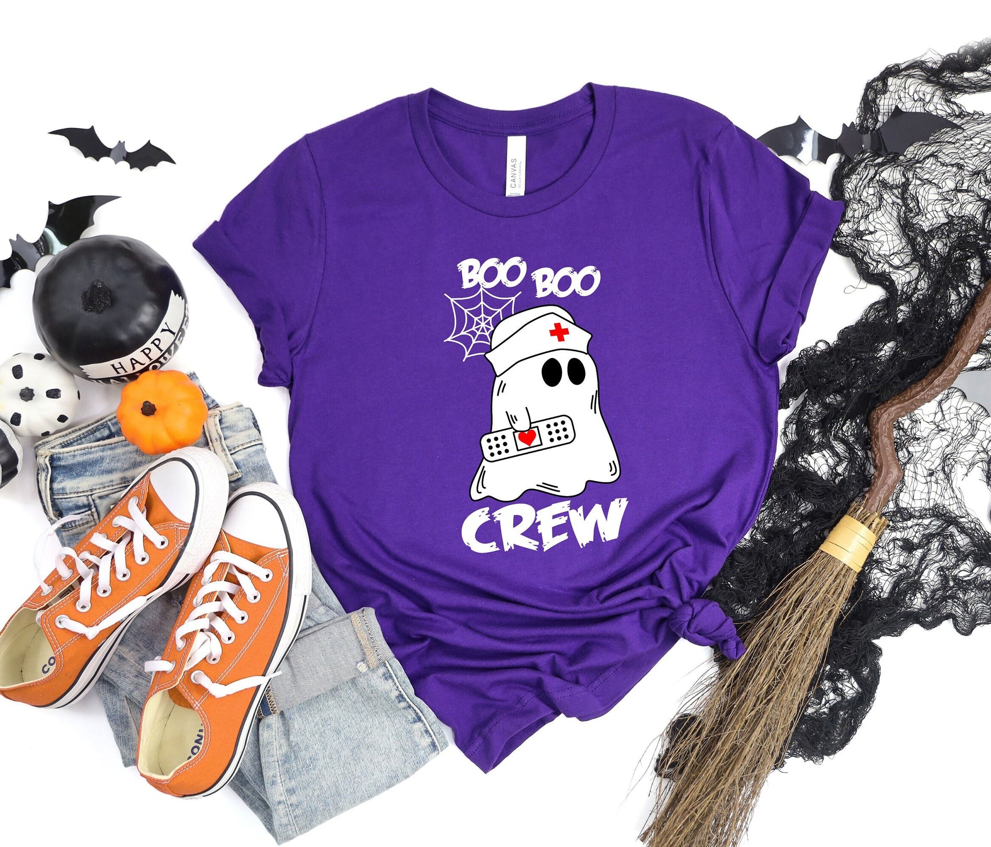 Boo Boo Crew Halloween Ghost nursing shirt.  Cute and comfortable T shirt with and adorable Ghost holding a band aid. This stylish shirt will go well with anything. Makes a perfect gift for nurses.
www.scorpiontees.etsy.com