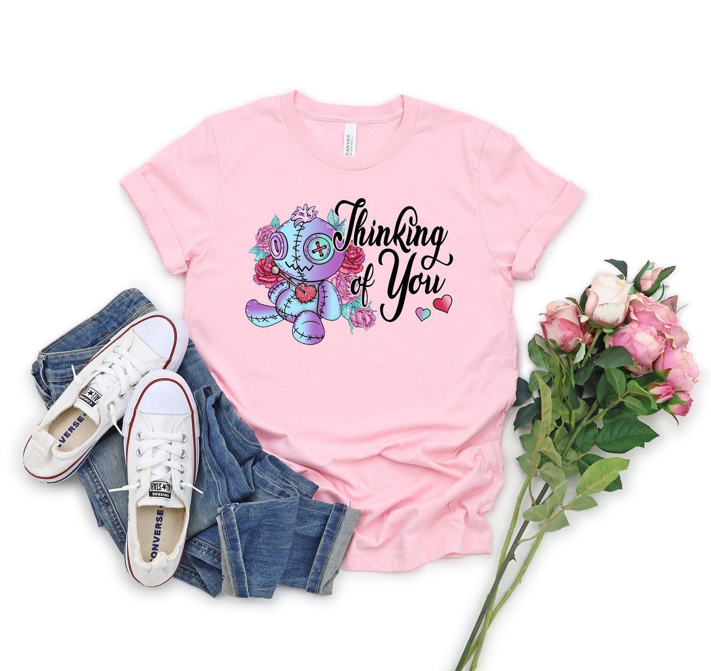Thinking of you Voodoo doll T shirt. Scorned lover or sarcastic thoughts as voodoo doll is being stuck with pins in his heart. Hilariously cute design on a comfortable T shirt.  Perfect gift for Halloween or just for fun.
www.scorpiontees.etsy.com