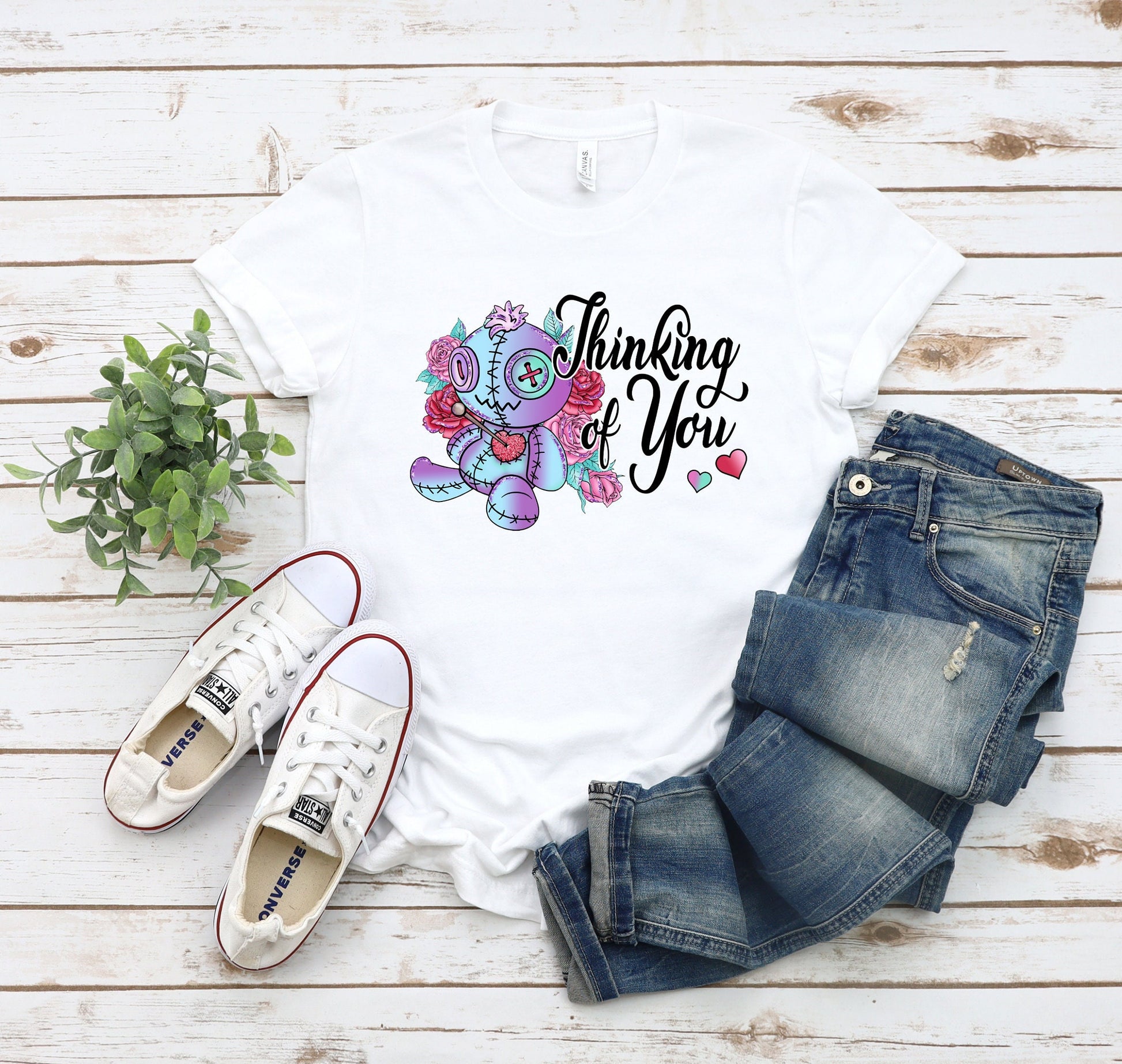 Thinking of you Voodoo doll T shirt. Scorned lover or sarcastic thoughts as voodoo doll is being stuck with pins in his heart. Hilariously cute design on a comfortable T shirt.  Perfect gift for Halloween or just for fun.
www.scorpiontees.etsy.com