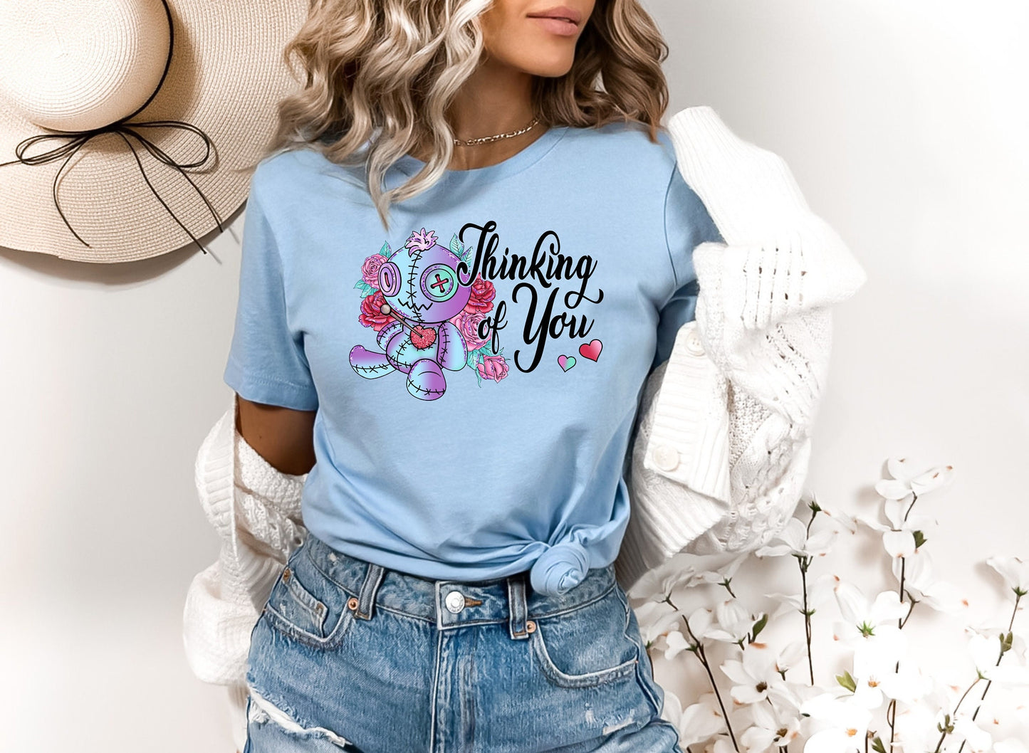 Thinking of you Voodoo doll T shirt. Scorned lover or sarcastic thoughts as voodoo doll is being stuck with pins in his heart. Hilariously cute design on a comfortable T shirt.  Perfect gift for Halloween or just for fun.
www.scorpiontees.etsy.com