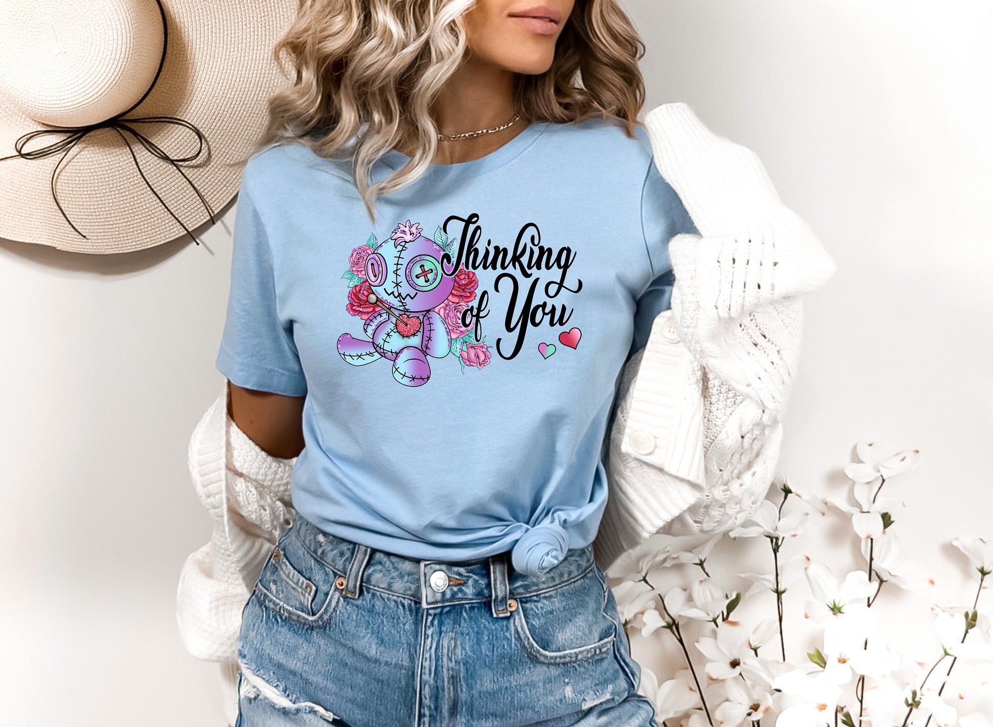 Thinking of you Voodoo doll T shirt. Scorned lover or sarcastic thoughts as voodoo doll is being stuck with pins in his heart. Hilariously cute design on a comfortable T shirt.  Perfect gift for Halloween or just for fun.
www.scorpiontees.etsy.com