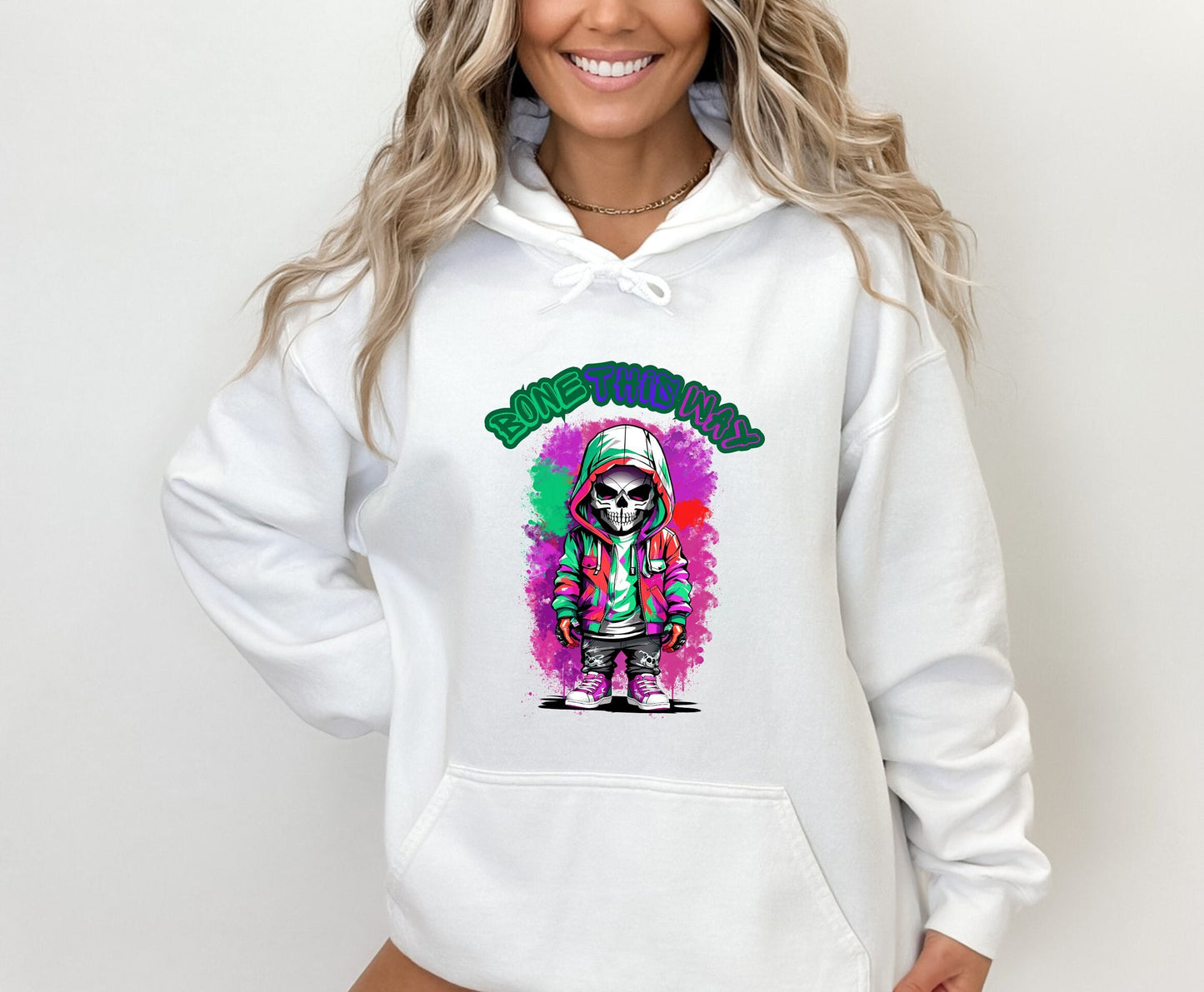 Bone This Way Skeleton Hoodie by Scorpion Tees and More.  Cute colorful Skeleton with hoodie wearing hip hop style clothing.  This Hoodie will go great with any outfit.  Beautiful design and stylish as well as very warm and comfortable.