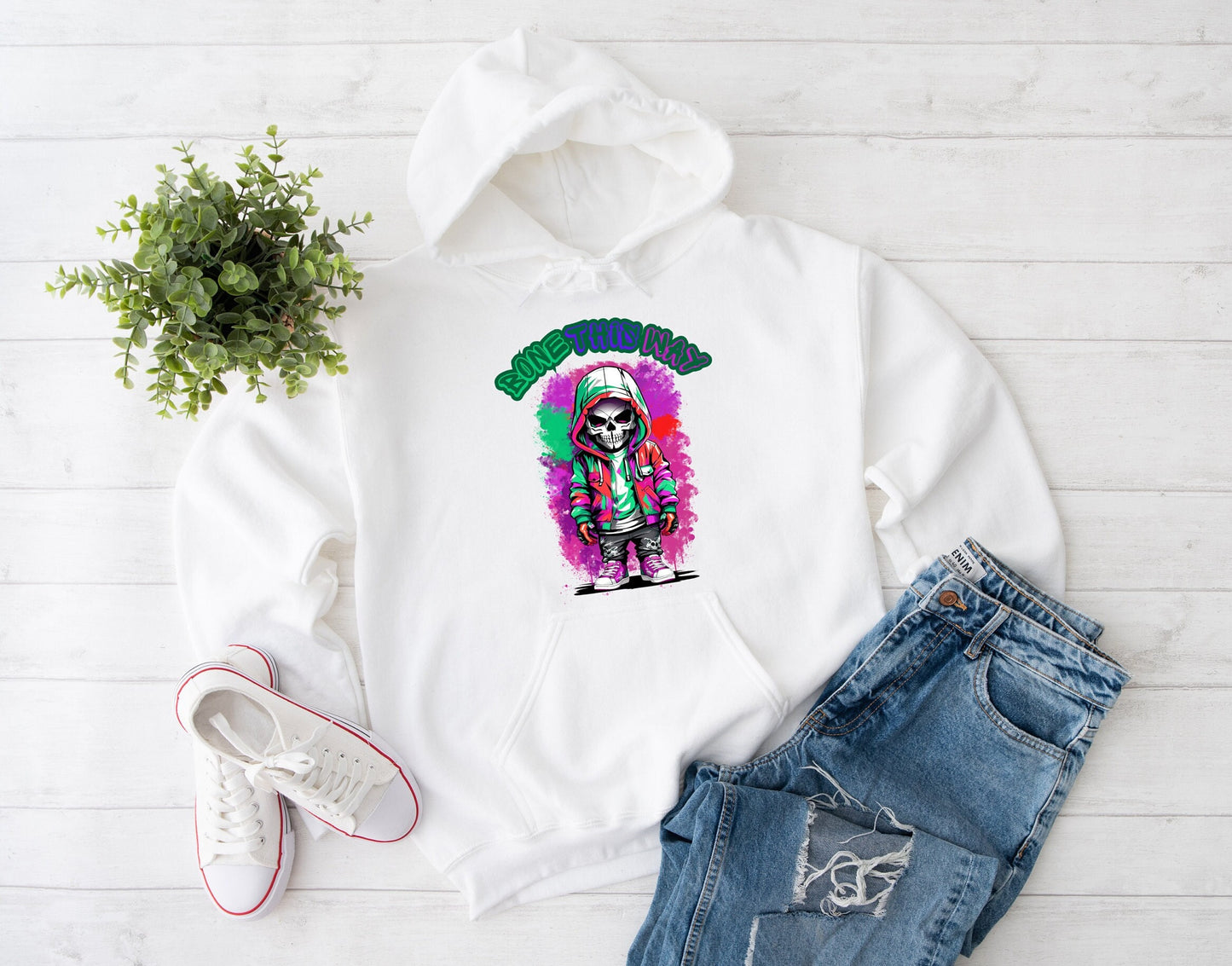 Bone This Way Skeleton Hoodie by Scorpion Tees and More.  Cute colorful Skeleton with hoodie wearing hip hop style clothing.  This Hoodie will go great with any outfit.  Beautiful design and stylish as well as very warm and comfortable.