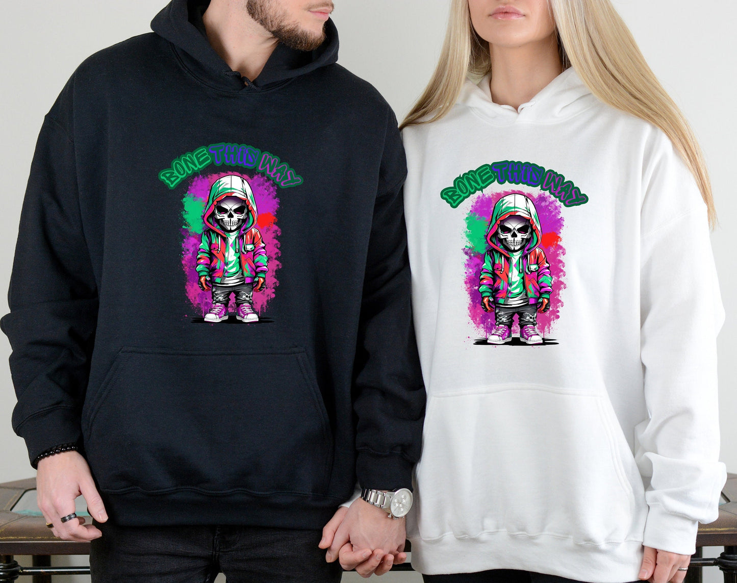 Bone This Way Skeleton Hoodie by Scorpion Tees and More.  Cute colorful Skeleton with hoodie wearing hip hop style clothing.  This Hoodie will go great with any outfit.  Beautiful design and stylish as well as very warm and comfortable.