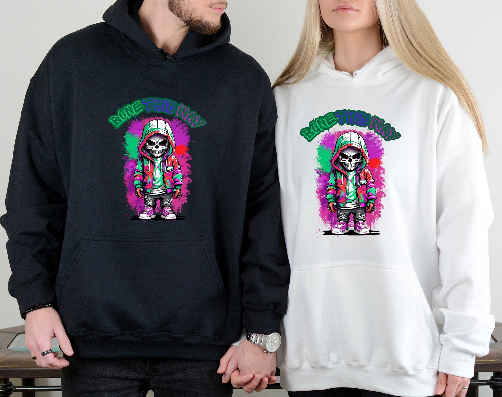 Bone This Way Skeleton Hoodie by Scorpion Tees and More.  Cute colorful Skeleton with hoodie wearing hip hop style clothing.  This Hoodie will go great with any outfit.  Beautiful design and stylish as well as very warm and comfortable.