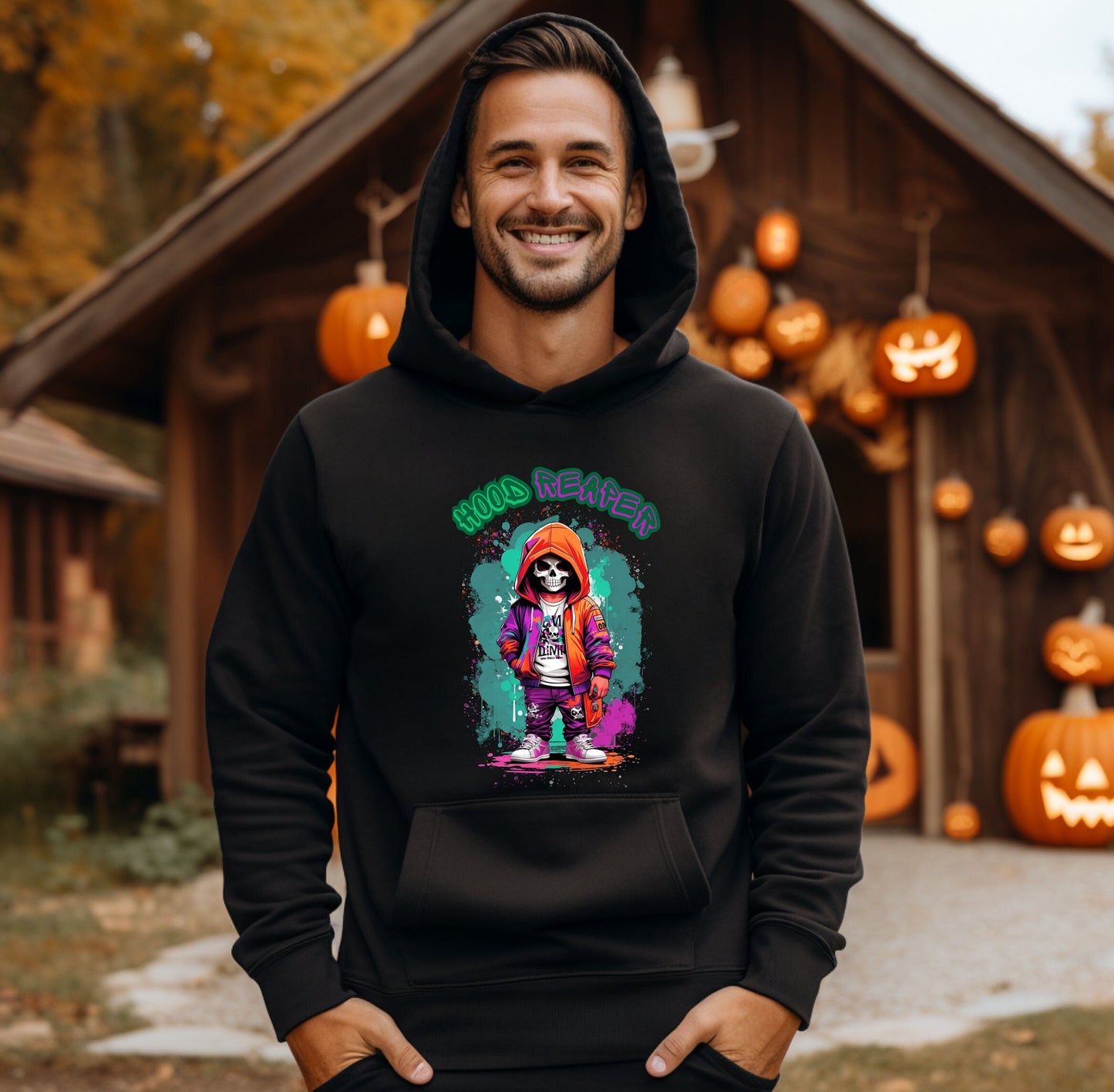 Hood Reaper Skeleton Hoodie by Scorpion Tees and More.  Cute colorful Skeleton with hoodie wearing hip hop style clothing.  This Hoodie will go great with any outfit.  Beautiful design and stylish as well as very warm and comfortable.