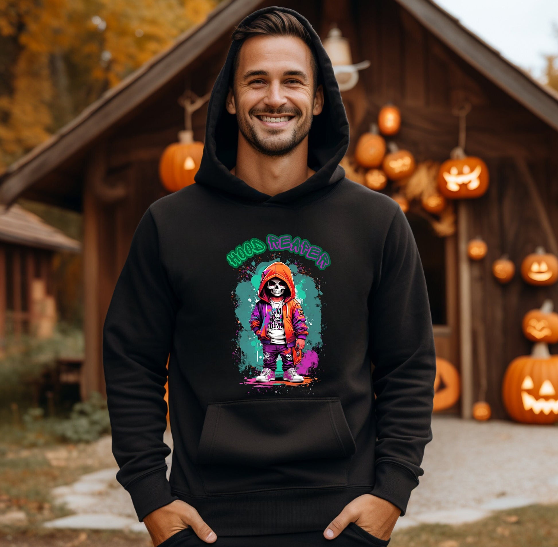 Hood Reaper Skeleton Hoodie by Scorpion Tees and More.  Cute colorful Skeleton with hoodie wearing hip hop style clothing.  This Hoodie will go great with any outfit.  Beautiful design and stylish as well as very warm and comfortable.