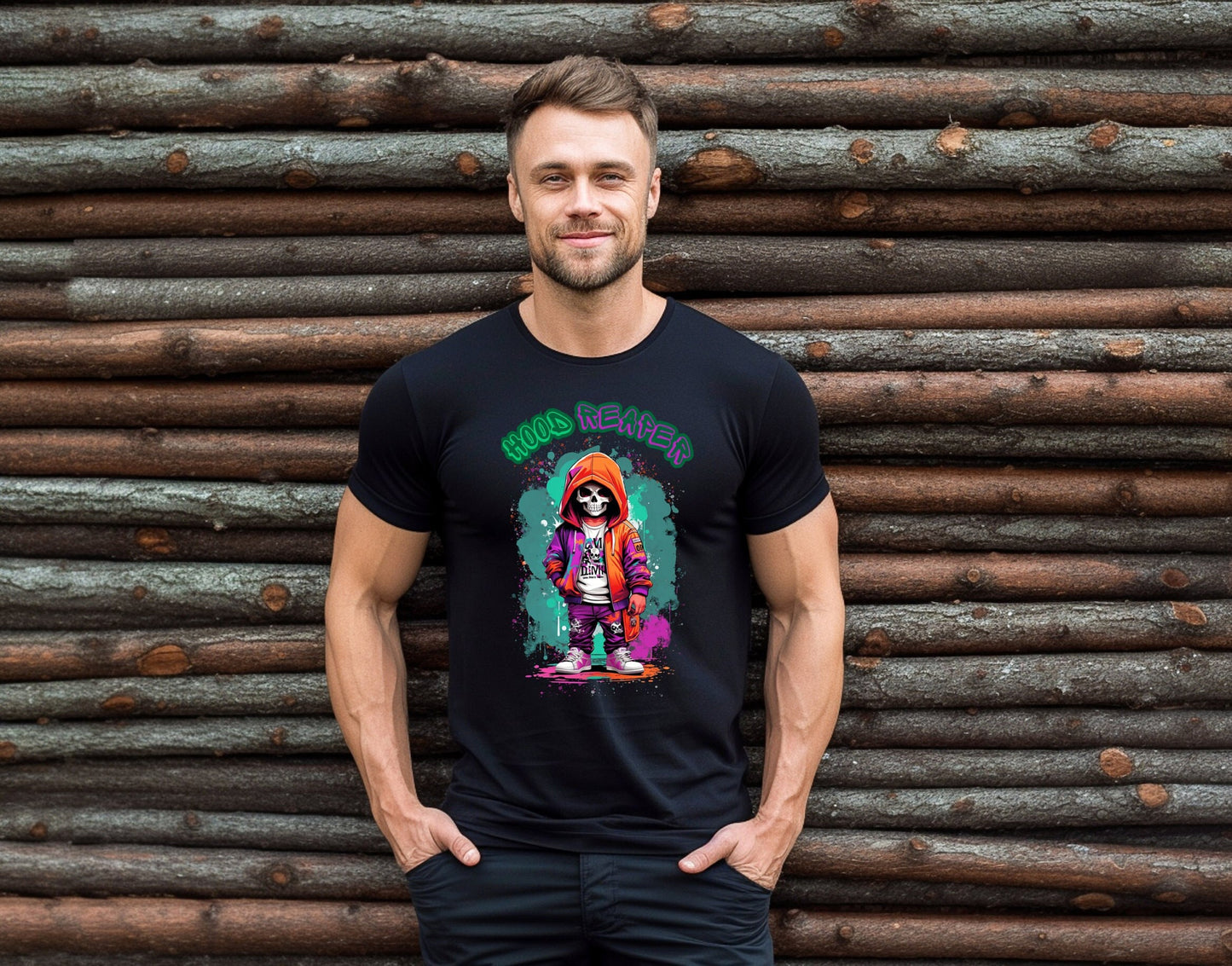 Hood Reaper Skeleton T shirt by Scorpion Tees and More.  Cute colorful skeleton t shirt.  Skeleton with hoodie wearing hip hop style clothing.  T shirt would go great with any outfit.  Beautiful design and stylish as well as very comfortable.
